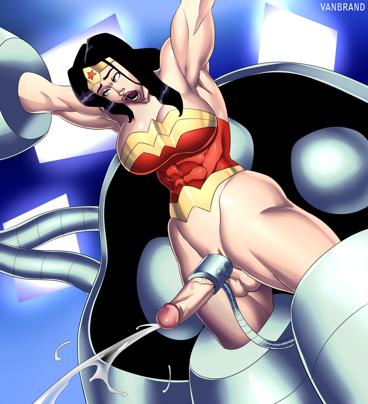 armpits, black hair, bottomless, breasts, cum, dc, dc comics, futa only, futanari, futasub, intersex, large breasts, large penis, lipstick, muscular, muscular futa, orgasm, orgasm face, penis, restrained, tiara, vanbrand, veiny penis, wonder woman, wonder woman (series)
