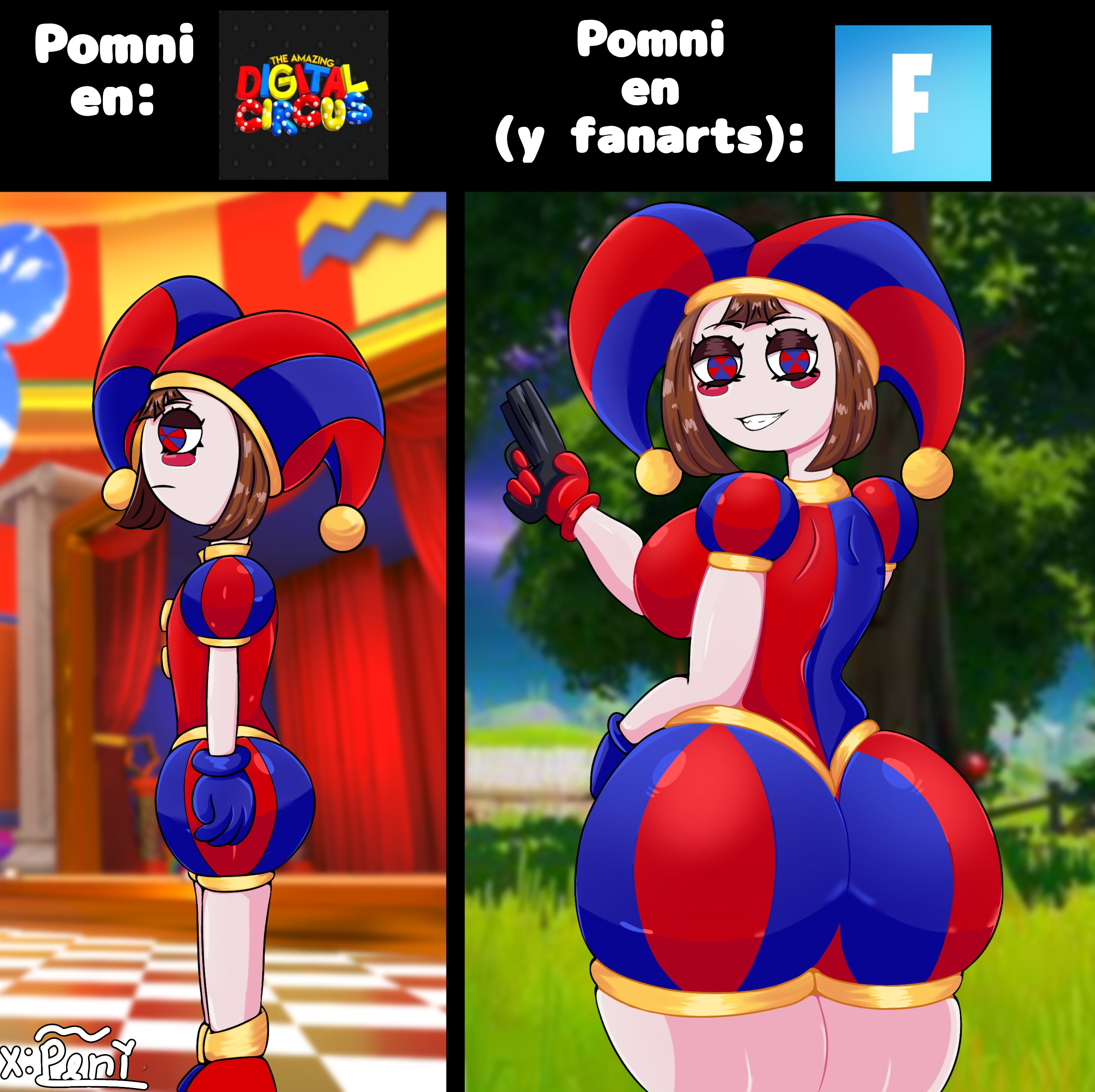 amazing digital circus, ass, big ass, big breasts, big butt, butt, female, female focus, fornite, meme, meme reference, peni, pistol, pomni, pomni (the amazing digital circus), solo, the amazing digital circus