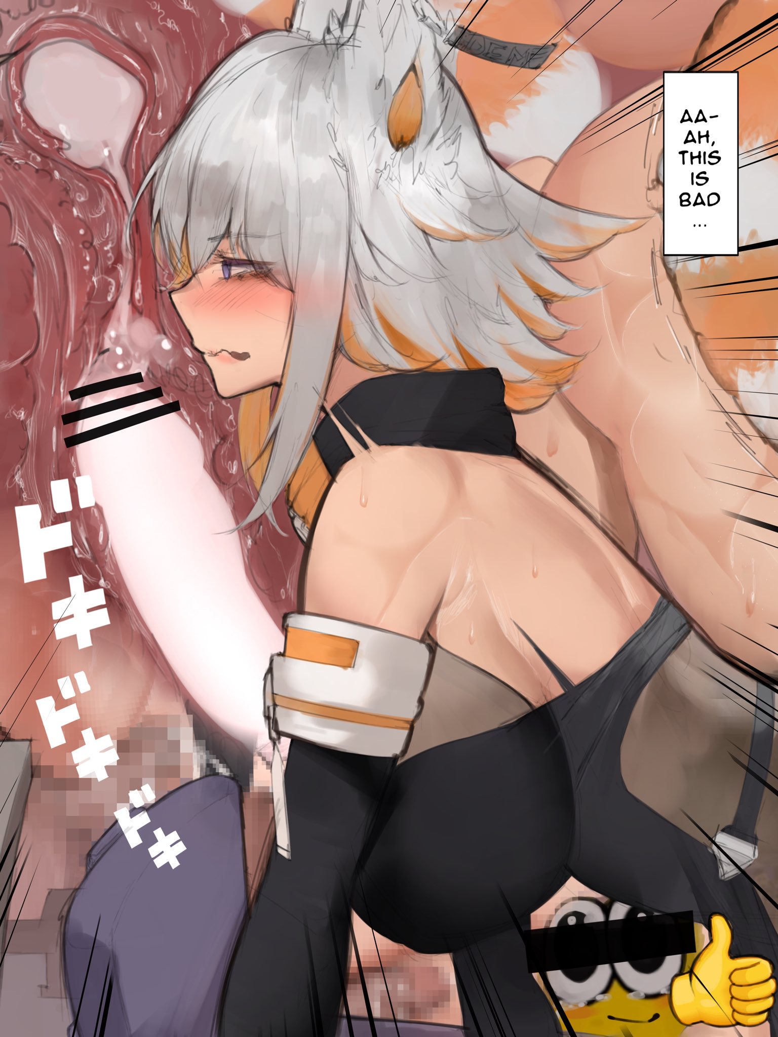 1boy, 1girls, bent over, blush, breasts, censored, clothed, clothed female, clothed sex, clothing, color, cum, cum in pussy, cum inside, demenishki, dialogue, english text, female, female focus, from behind, from behind position, fully clothed, hetero, human, indoors, internet controversy, light skin, male, open eyes, orange hair, penis, purple eyes, rellianart, sex, side view, straight, text, twitter link, vaginal penetration, vaginal sex, virtual youtuber, vtuber, white hair