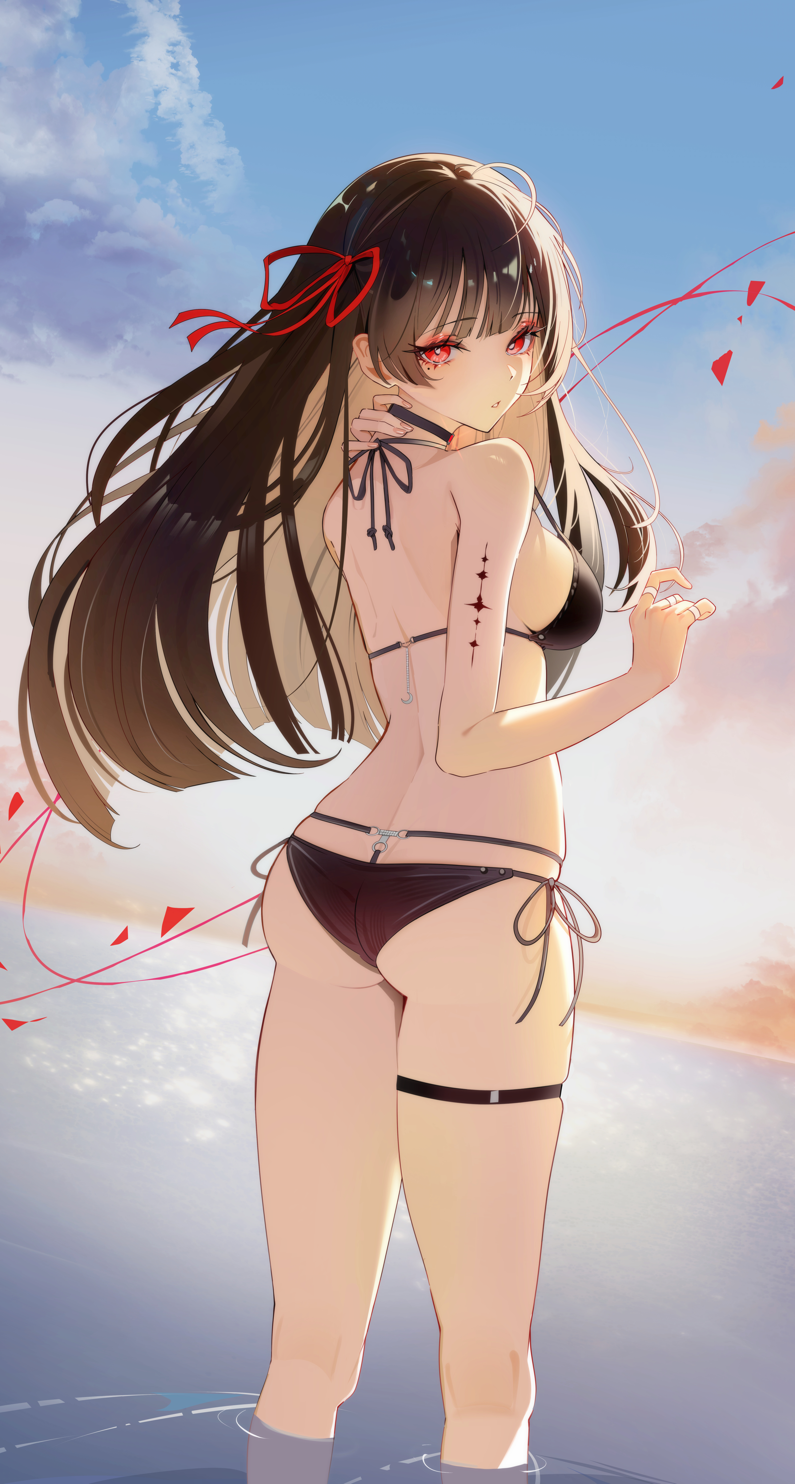 1girls, absurd res, ass, bikini, black bikini, black hair, black swimsuit, breasts, chisa (wuthering waves), commentary request, female, from behind, hands up, highres, long hair, medium breasts, mole, mole under eye, paid reward available, red eyes, red ribbon, ribbon, sideboob, sikimosh, solo, string bikini, swimsuit, wuthering waves