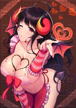 1girls 2019 bat_wings black_eyes black_hair bodypaint breasts cleavage demon_girl duck_face female female_only heart horns huge_breasts ink long_hair looking_at_viewer orange_horn powers red_eyes red_tie solo succubus tail white_bra wings