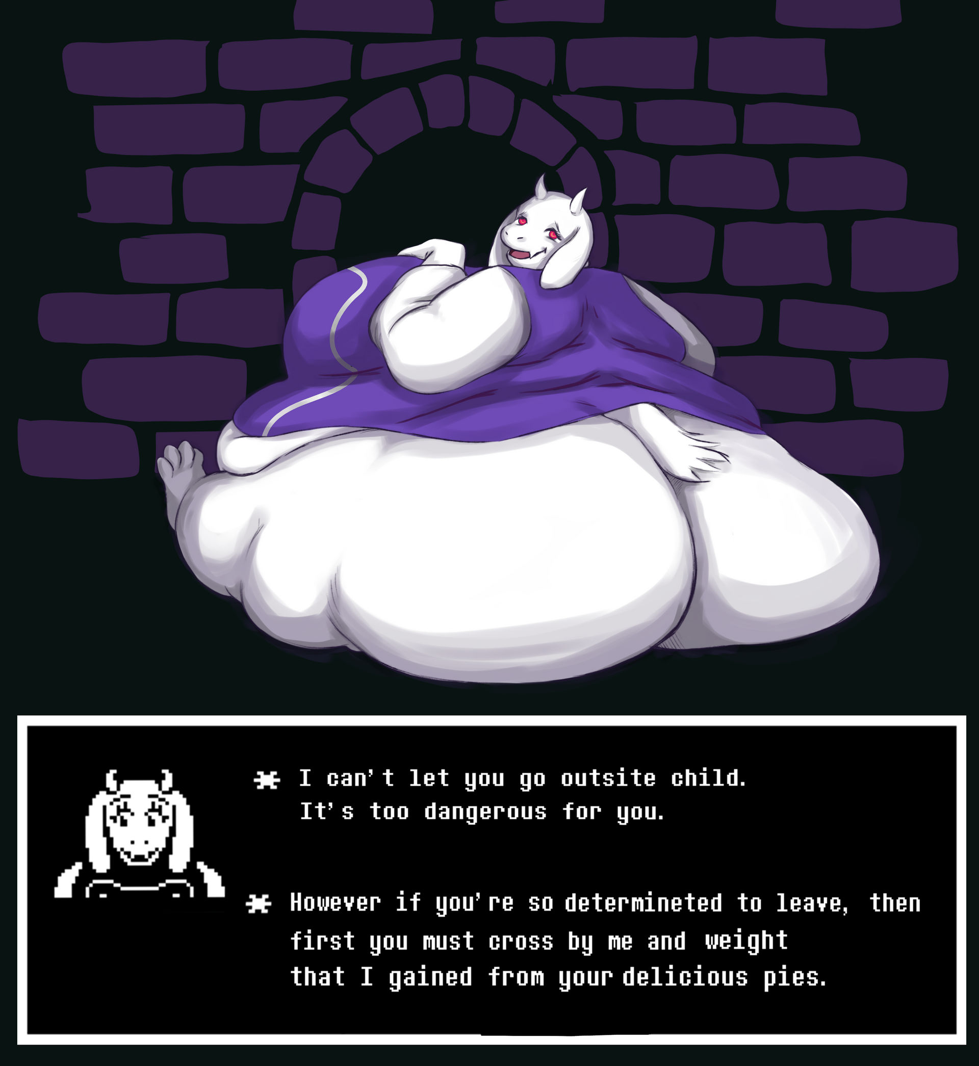 1girls, ass, english text, fat, fat female, fat fetish, female, furry, furry female, goat, goat ears, goat girl, goat horns, gorgeouswaifudom, horns, massive ass, mature, mature female, milf, obese, obese female, sitting, sitting down, ssbbw, toriel, undertale, undertale (series), white fur