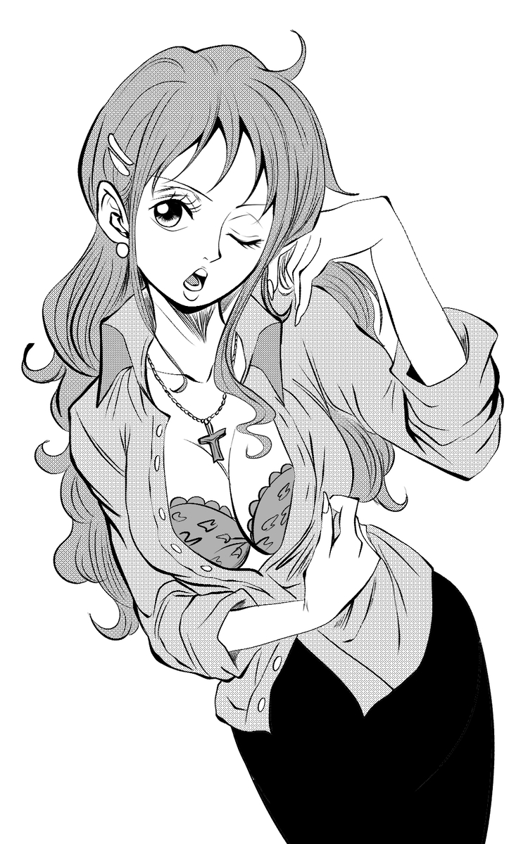 1girls, artist name, big breasts, black and white, bra, breasts, cleavage, female, female only, hand on head, huge breasts, looking away, monochrome, nami (one piece), one piece, seductive, sexy, shirt open, white background, yoonsmr