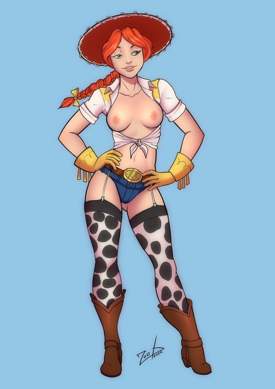 breasts, breasts out, cow print, cowboy boots, cowboy hat, female, garter straps, ginger, gloves, green eyes, jean shorts, jessie (toy story), midriff, pigtail, thighhighs, tied shirt, toy story, zoobastik