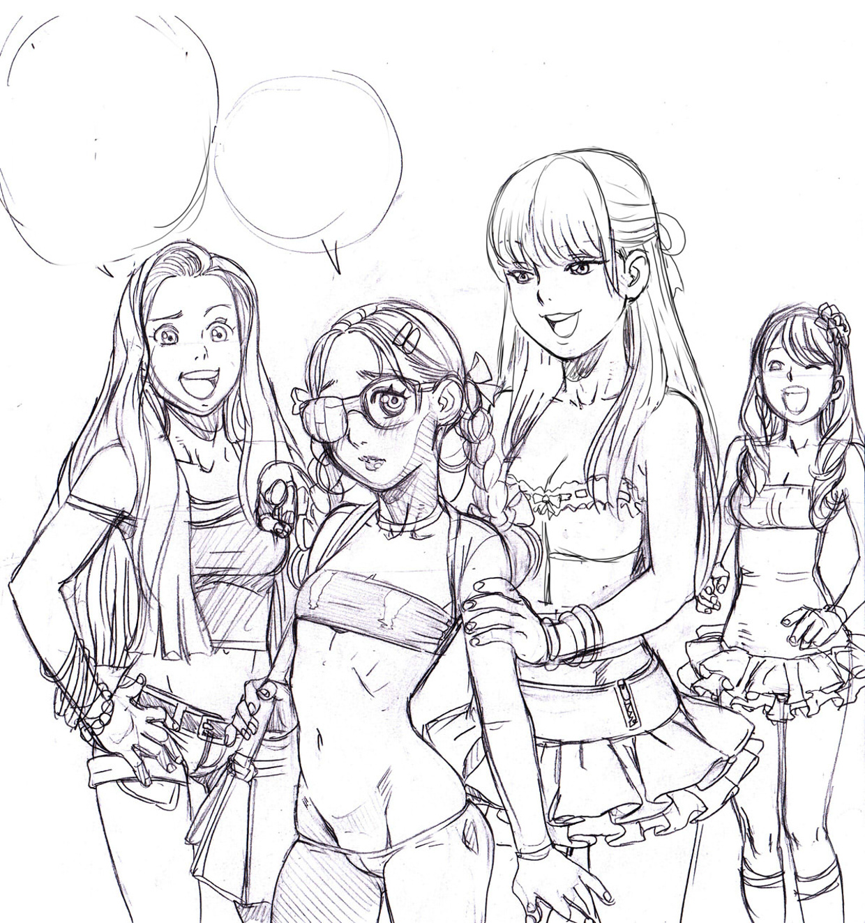 4girls, anna (tekuho), breasts, female, glasses, hoop earrings, july (tekuho), lowleg, monochrome, nerd, purse, revealing clothes, rough sketch, shorts, sketch, skirt, small breasts, tammy (tekuho), teenager, tekuho