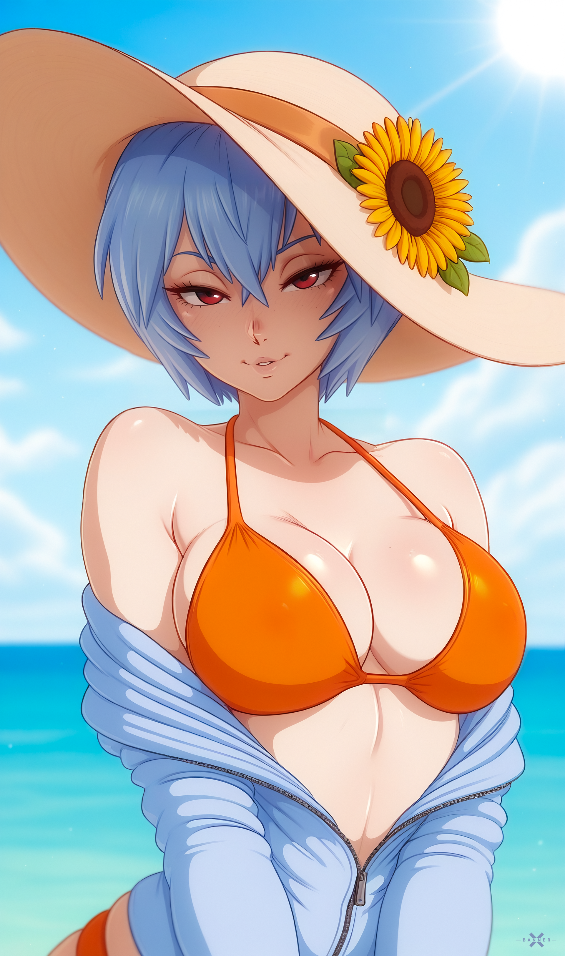 ai generated, ayanami rei, beach, big breasts, bikini, blue hair, breasts, female, large breasts, lxlbanner, neon genesis evangelion, orange bikini, red eyes, rei ayanami, short hair