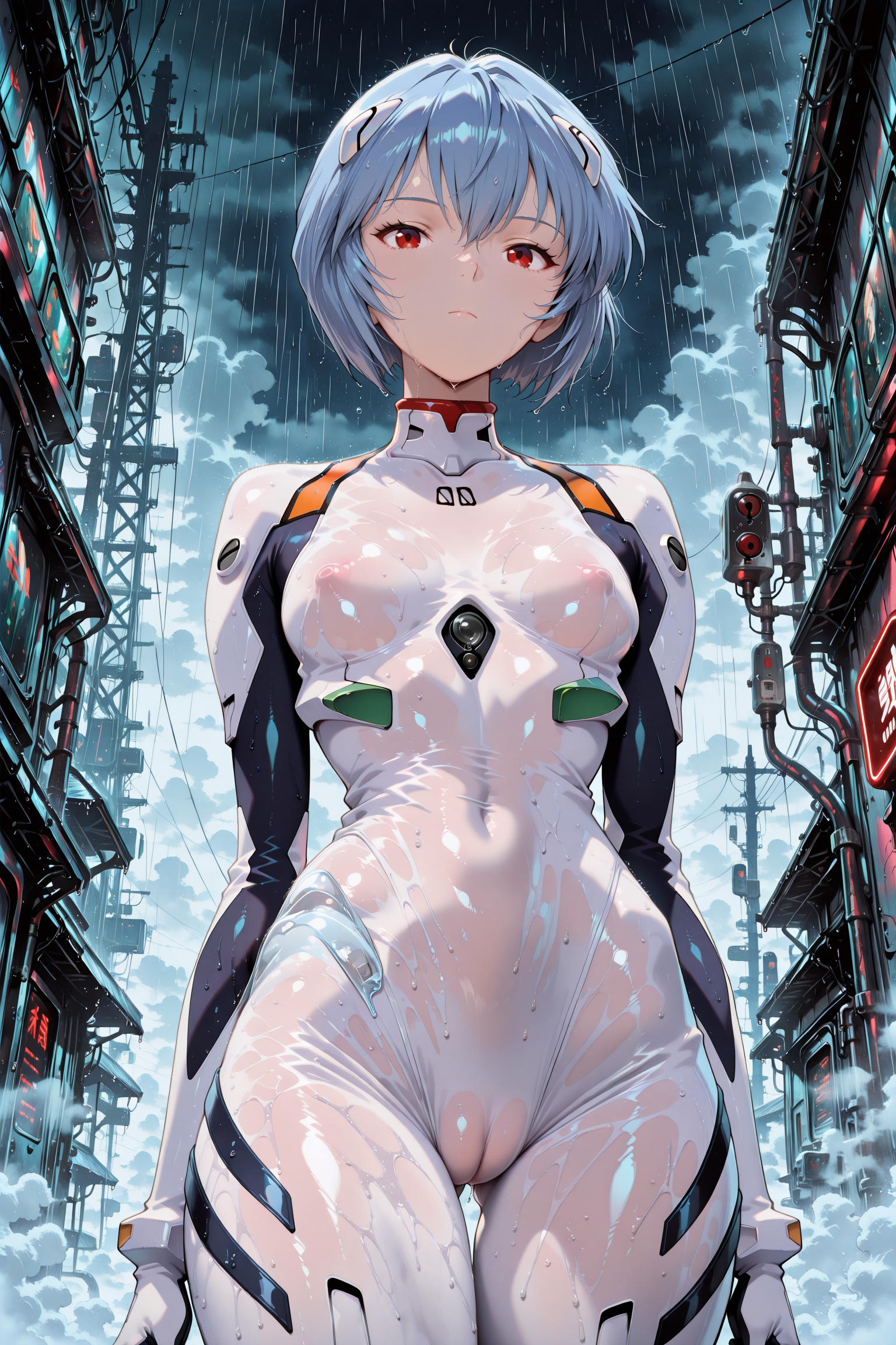 ai generated, arbitrary, blue hair, breasts, expressionless, female, neon genesis evangelion, plugsuit, pussy, raining, rei ayanami, see-through, short hair, small breasts, thigh gap, uncensored, wet