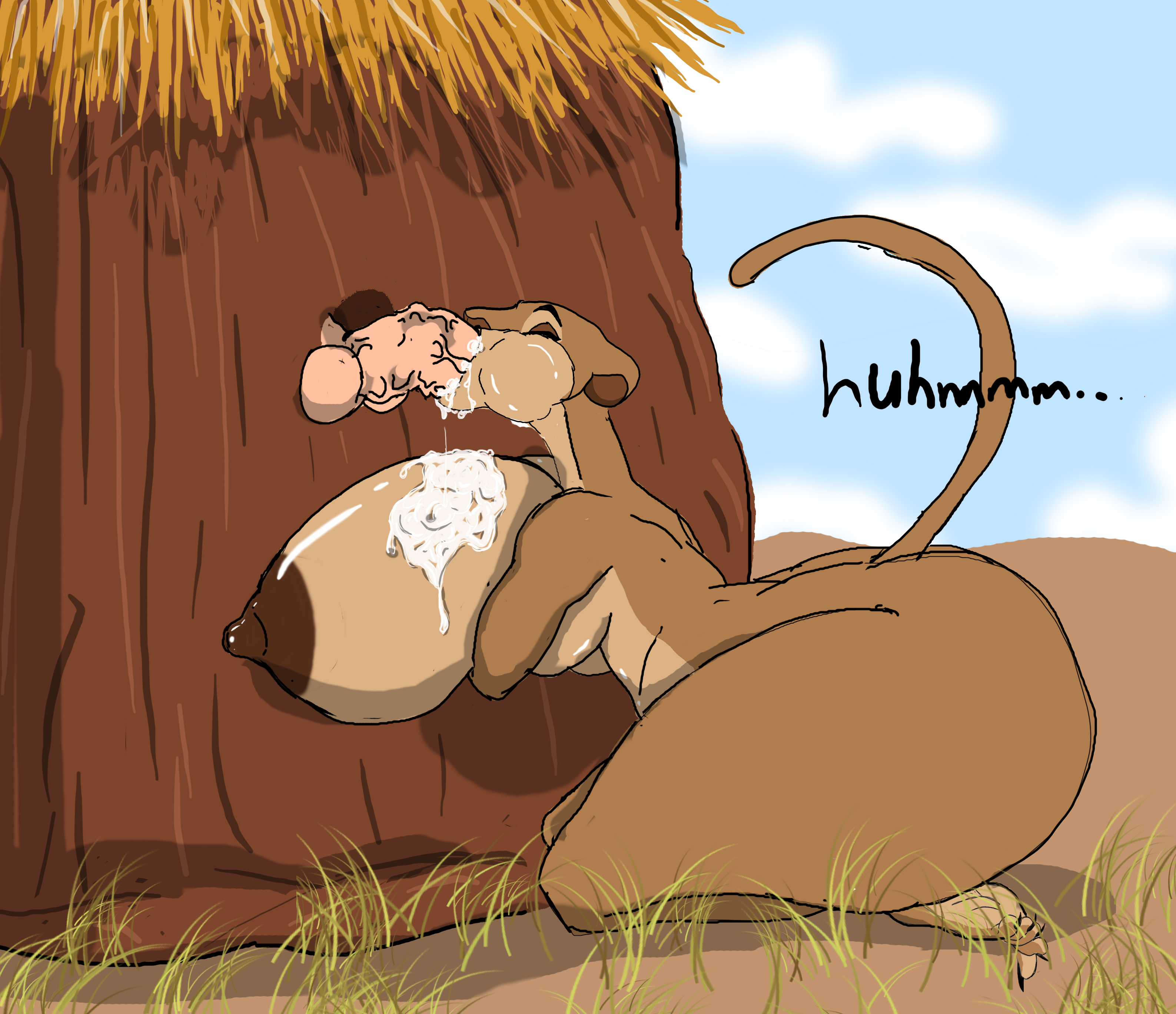 1boy, 1girls, anthro, ass, blowjob, breasts, cum, feet, female, human, human male, kiidamoori, large ass, large breasts, male, male human/female anthro, male/female, mature, mature female, milf, sarabi, sarabi (the lion king), the lion king