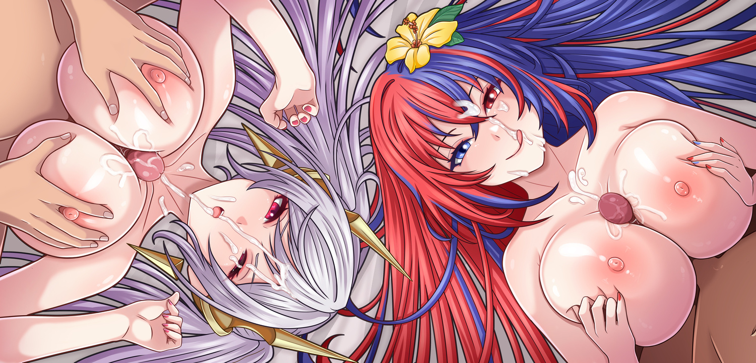 2025, 2boys, 2girls, absurdres, alear (female) (seaside dragon) (fire emblem), alear (fire emblem), alear (fire emblem) (female), alternate breast size, big breasts, blue eyes, blue hair, breast grab, breast squeeze, breasts, cum, cum on breasts, cum on closed eye, cum on face, cum on hair, double facial, female, female focus, fire emblem, fire emblem awakening, fire emblem engage, flower, flower in hair, grima (fire emblem), happy, happy paizuri, happy sex, heterochromia, highres, large breasts, light skin, light-skinned female, light-skinned male, long hair, looking at viewer, male, multicolored hair, multiple boys, multiple females, multiple girls, multiple males, multiple paizuri, nail polish, nintendo, nipples, nirainini, nude, nude female, nude male, paizuri, paizuri lead by male, penis, pink eyes, possessed, possession, red eyes, red hair, robin (fire emblem), robin (fire emblem) (female), skindentation, straddling, straddling paizuri, straight, two-tone hair, white hair