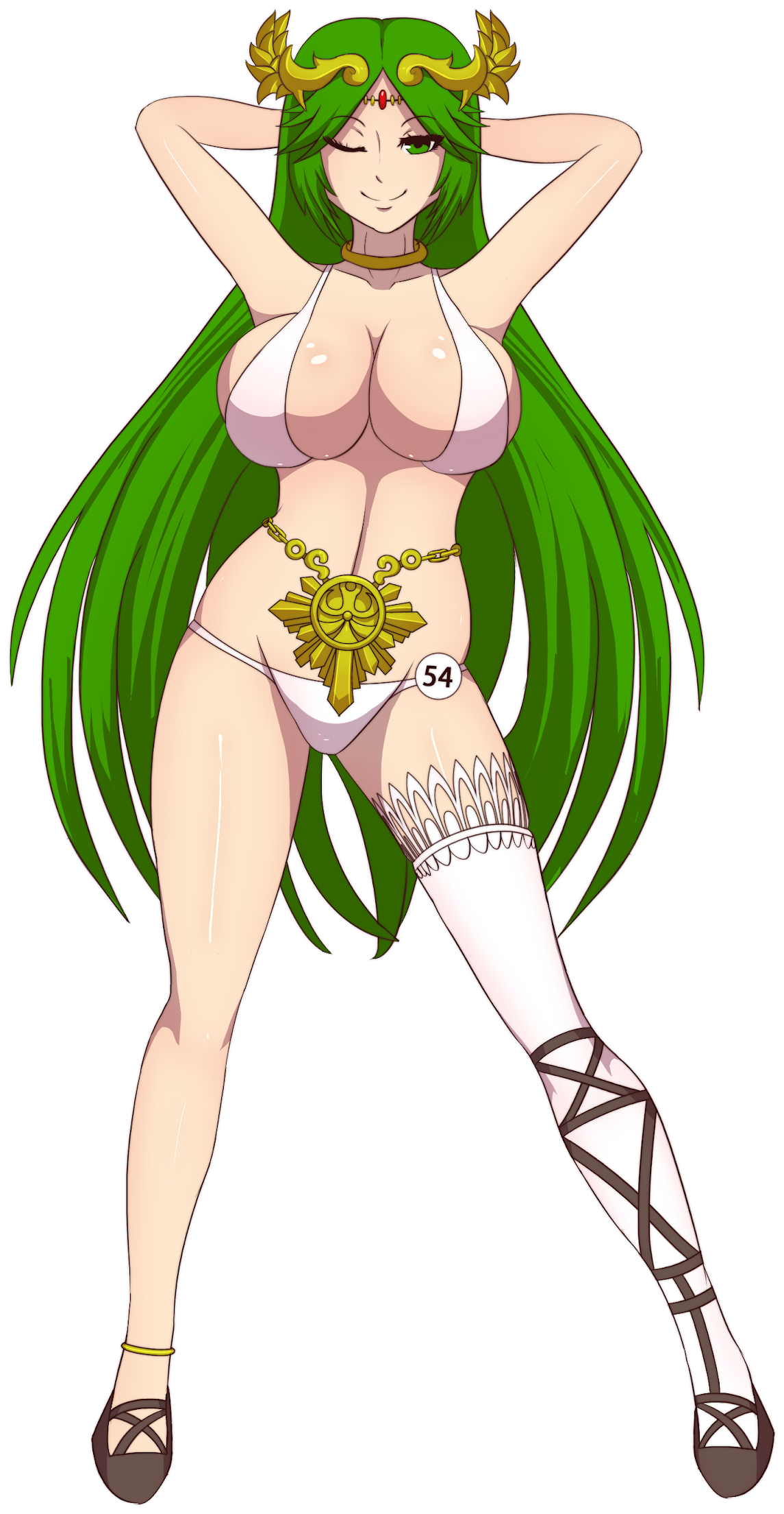 anklet, bikini, breasts, female, green hair, headpiece, huge breasts, kid icarus, long hair, nintendo, palutena, super smash bros., zelc-face