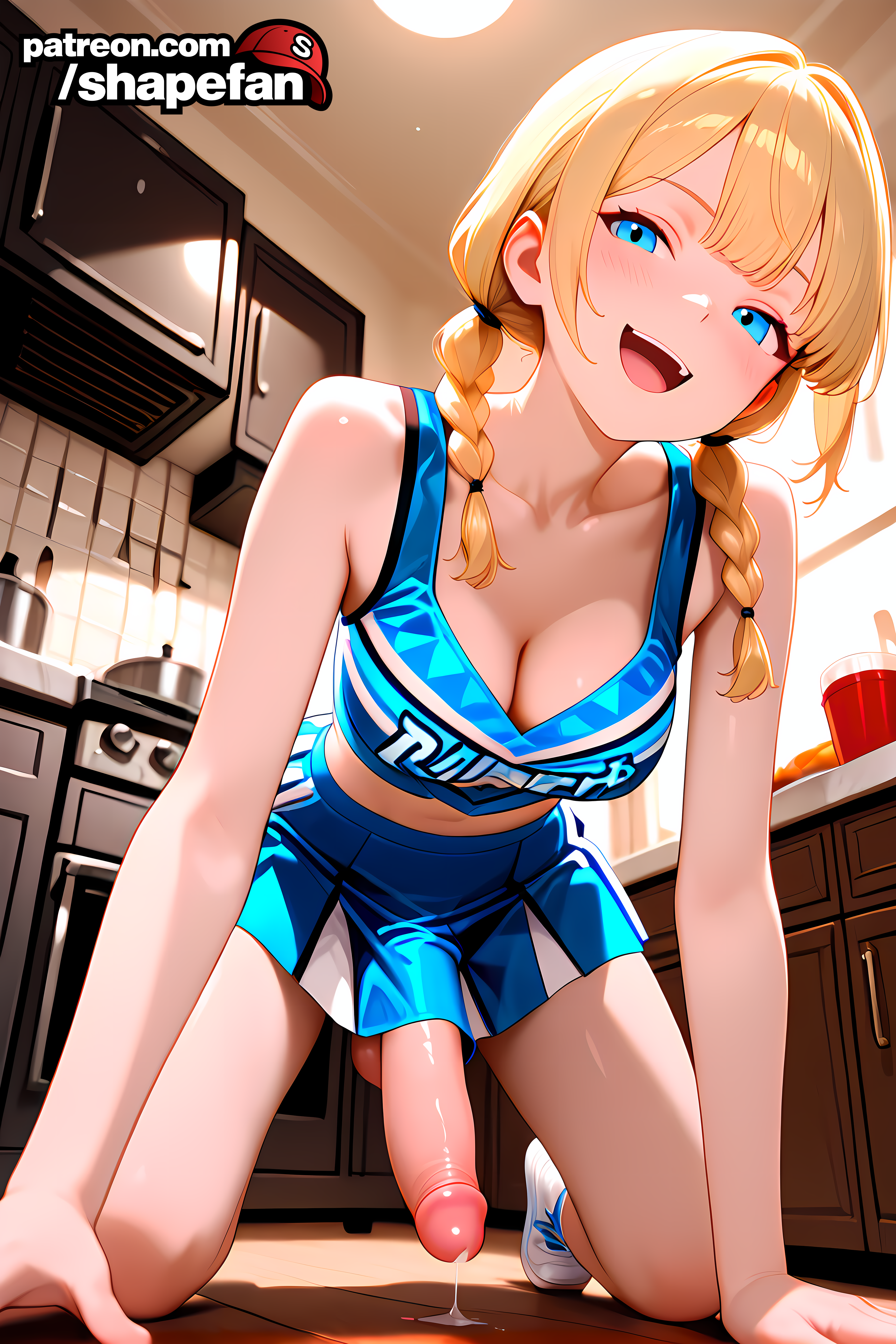 1futa, 2025, absurd res, absurdres, ai generated, all fours, ambiguous gender, athletic futa, balls, big balls, big cock, big dick, big penis, big testicles, blonde hair, blue eyes, boner, braided hair, breasts, bust, cheerleader, cheerleader outfit, cheerleader uniform, chest, cleavage, cock, cute, dick, dripping, dripping cum, erection, futanari, halloween, halloween 2025, halloween 2025 (shapefan), halloween costume, hi res, high quality, high resolution, inside, intersex, kitchen, large balls, large penis, large testicles, light skin, looking at viewer, medium boobs, medium breasts, medium tits, monotone hair, on all fours, on floor, open mouth, pale skin, penis, penis under skirt, precum, shapefan, short hair, skinny futa, skirt, smile, smiling, smiling at viewer, sora (shapefan), stable diffusion, sunlight, tagme, teeth, tongue, twintails, uncensored, window