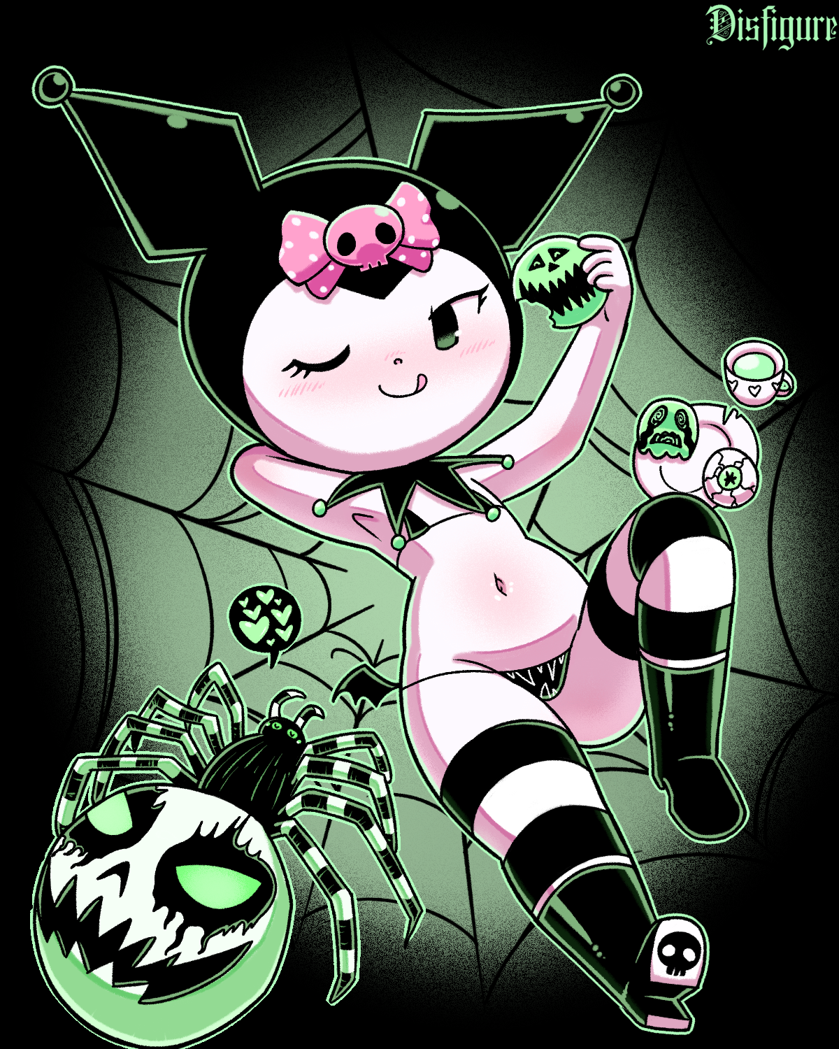 1girls, 2020, artist name, belly button, bikini, blush, boots, bow, cute, cute face, disfigure, female, halloween, halloween theme, kuromi, sanrio, semi nude, skull, smile, smiling, solo, solo female, spider, spider web, striped socks, tagme, tongue, tongue out, wink, winking