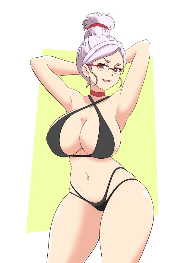 armpits, ayase seiko, big breasts, bikini, black bikini, breasts, brown eyes, dandadan, female, glasses, momocka art, slim waist, thick thighs, white hair