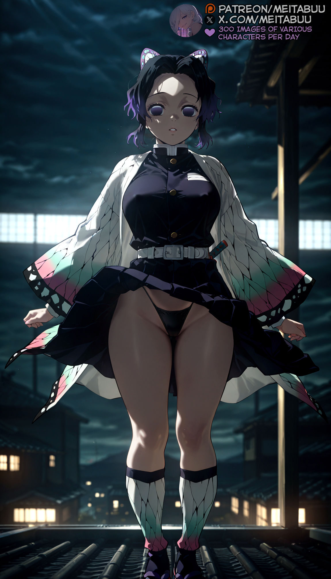 ai generated, animal print, architecture, arms at sides, ass visible through thighs, belt, belt buckle, black hair, black jacket, black panties, black skirt, breasts, buckle, building, butterfly hair ornament, butterfly print, buttons, clothes lift, cloud, cloudy sky, demon slayer, demon slayer uniform, east asian architecture, female, forehead, full body, gradient hair, groin, hair ornament, haori, highleg, highleg panties, jacket, japanese clothes, kimetsu no yaiba, kochou shinobu, large breasts, lips, long sleeves, looking at viewer, meitabuu, multicolored hair, night, night sky, outdoors, panties, parted bangs, parted lips, pleated skirt, purple eyes, purple hair, rooftop, sandals, sheath, shinobu, short hair, skirt, skirt lift, sky, socks, solo, standing, sword, thigh gap, thighs, thong, underwear, upskirt, weapon, white belt, wide sleeves, wind, wind lift, zouri