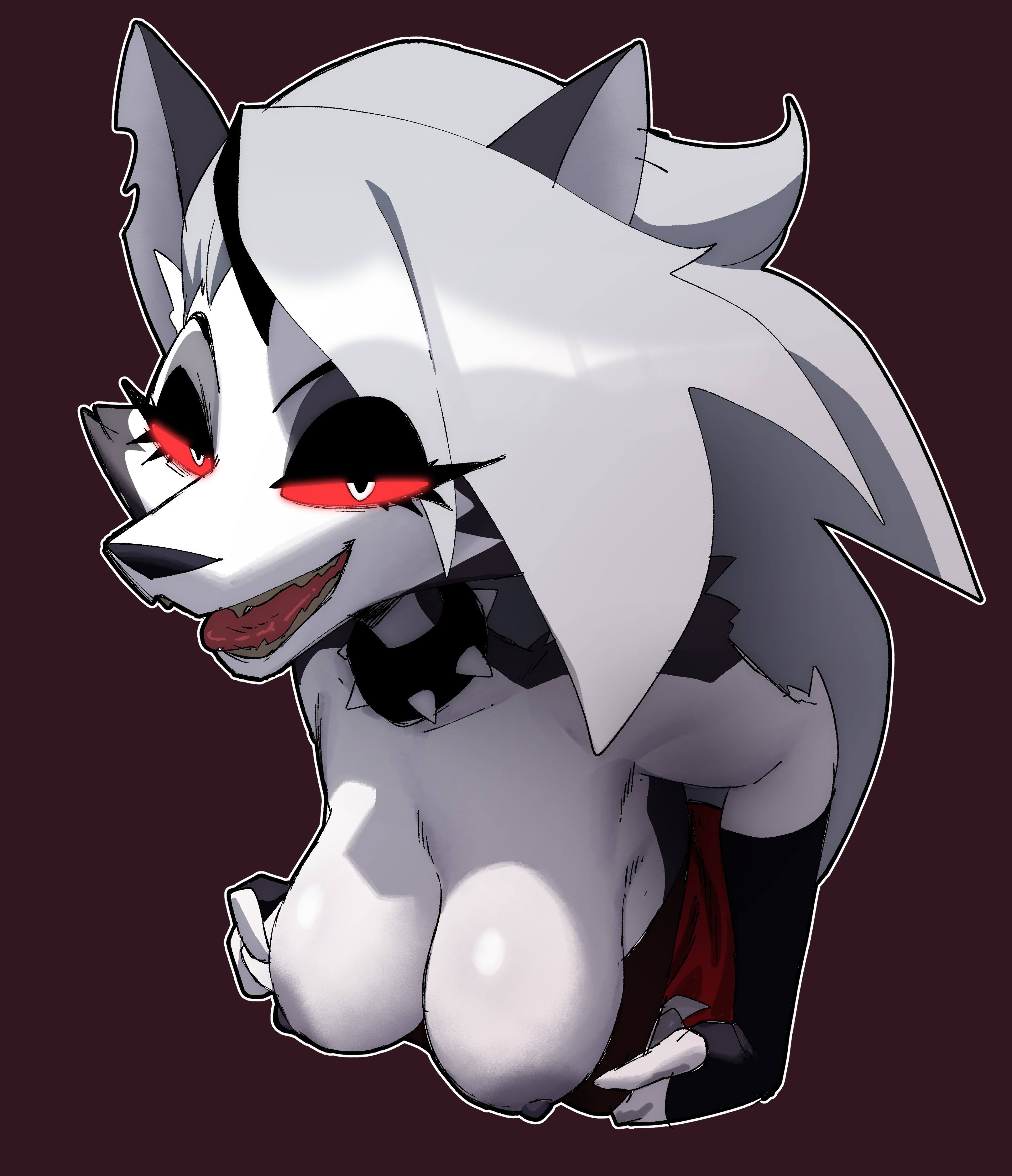 1girls, animal ears, animal nose, anthro, bangs, bare shoulders, black gloves, body fur, breasts, canid demon, canine, clothes pull, clothing, collar, colored sclera, coolerinker, demon, ear piercing, ears, elbow gloves, eyeshadow, fangs, female, female only, fingerless gloves, fur, furry, furry female, gloves, goth, goth girl, grey fur, grey hair, hair, half-closed eyes, happy, hellhound, helluva boss, inker comics, inkershike, jewelry, large breasts, leaning forward, long hair, looking at viewer, loona (helluva boss), makeup, mammal, nipples, notched ear, open mouth, red eyes, red sclera, red shirt, sharp teeth, shirt pull, smile, snout, solo, spiked collar, spikes, tail, teeth, two tone body, two tone fur, upper body, white eyes, white fur, wolf, wolf girl