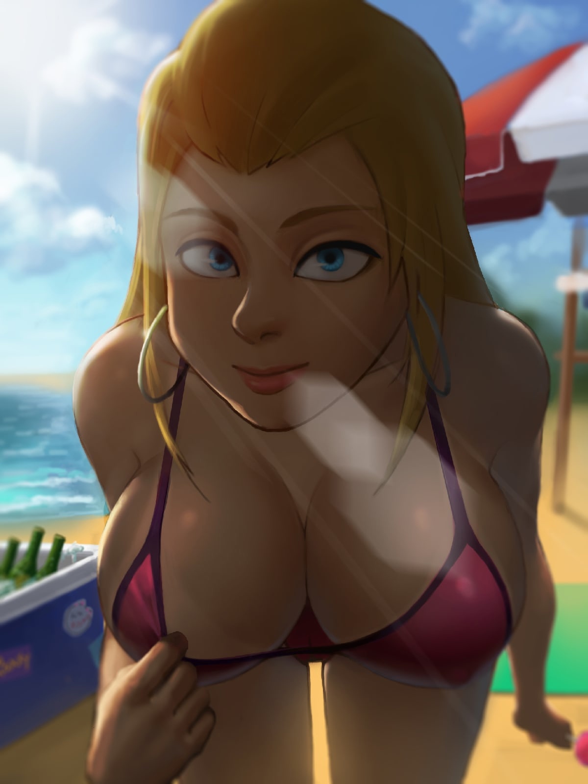 1girls, 2d, 2d (artwork), artist request, beach, beach background, bending forward, bending over, bent over, big breasts, bikini, bikini bottom, bikini top, blonde hair, blue eyes, bra, breasts, digital drawing (artwork), earrings, female, female focus, female only, leaning, leaning forward, light skin, light-skinned female, medium breast, roxxy (summertime saga), showing off, sideboob, smile, smiling, summertime saga, tease, teasing, teenage female, teenager, unknown artist