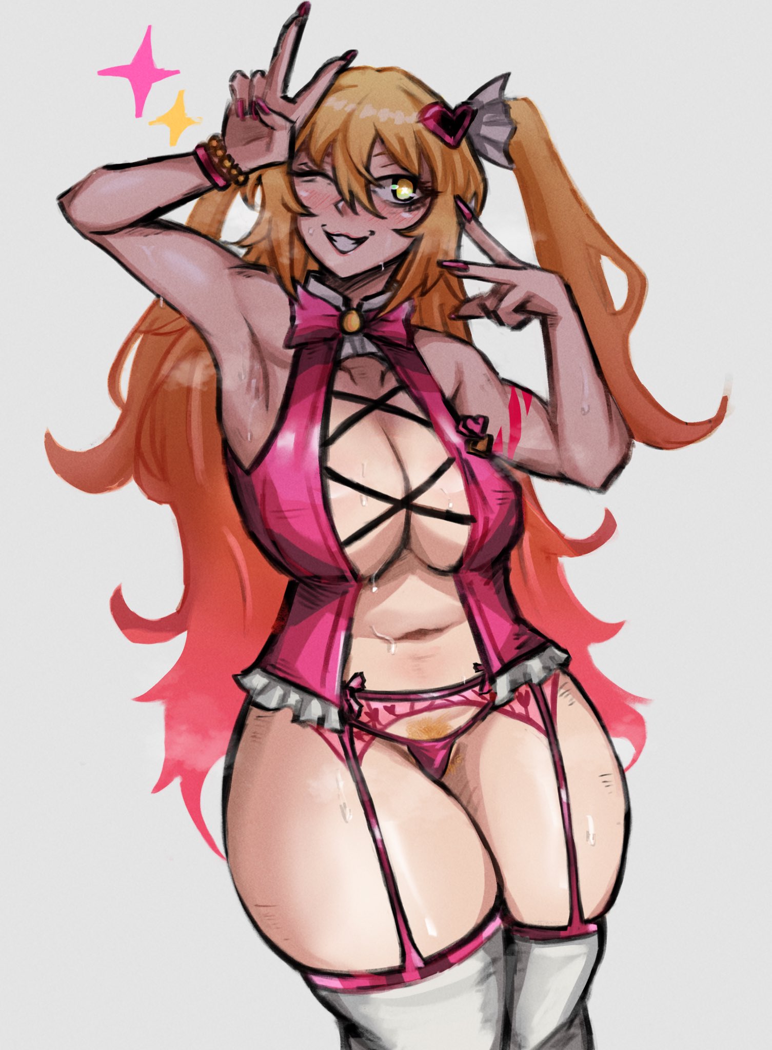 1girls, don quixote (limbus company), female, in the name of love and hate (e.g.o), limbus company, magical girl outfit, multicolored hair, project moon, pubes, queen of hatred (cosplay), stockings, thighs, valentine gaz, walpurgis, walpurgis night