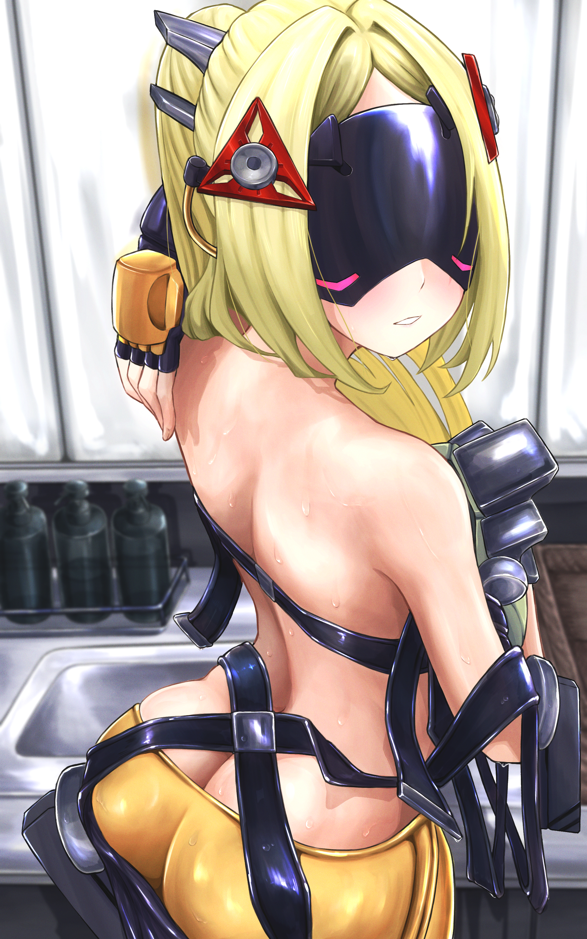 1girls, ass, ass cleavage, big ass, blonde hair, butt crack, fat ass, female, female only, huge ass, indoors, large ass, looking at viewer, looking back, sitting, soldier, sweat, sweatdrop, sweaty body, thick ass, thick thighs, trigger (zenless zone zero), two days, visor, wide hips, zenless zone zero