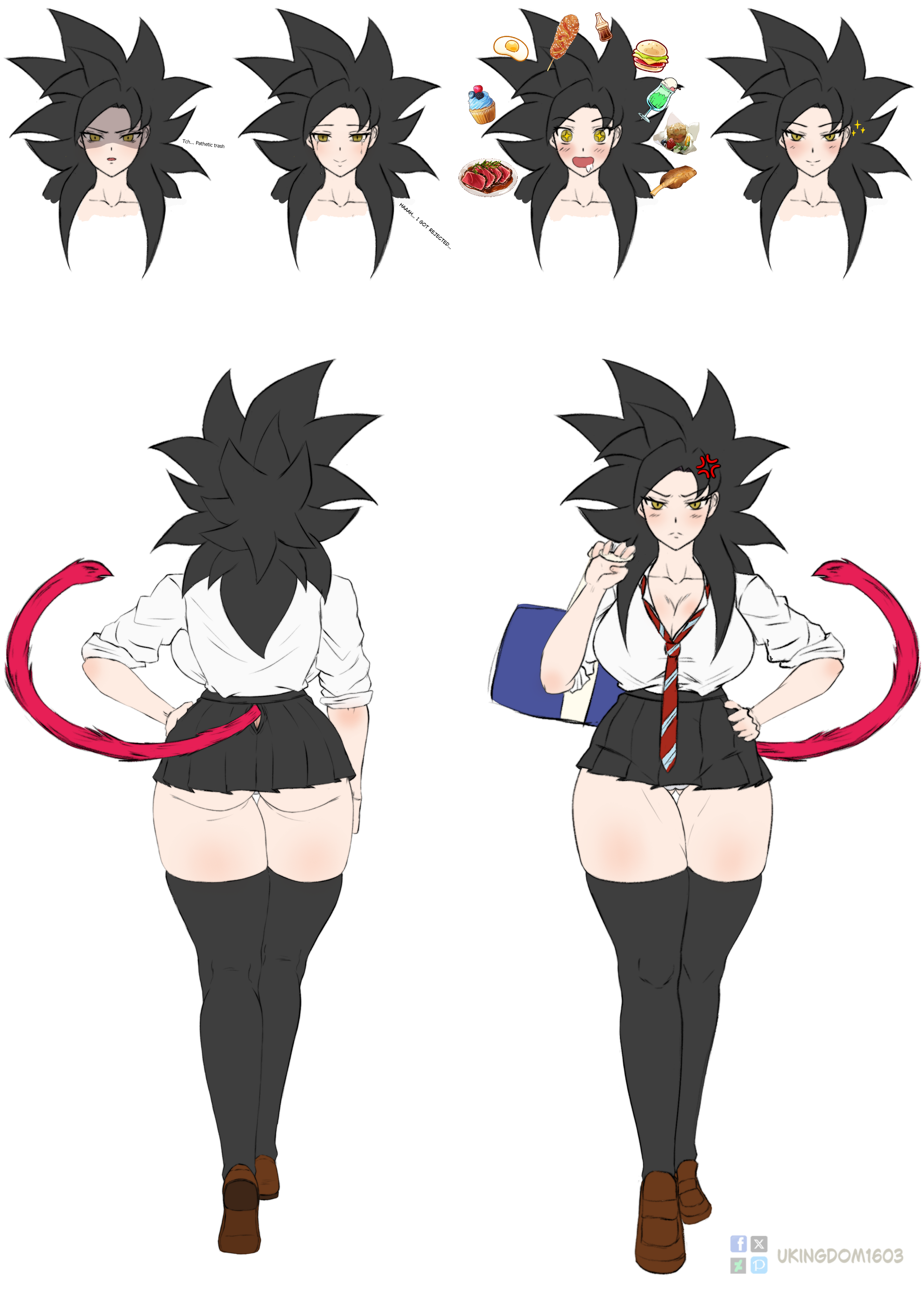 angry expression, angry face, ass, big breasts, big thighs, black hair, blush, character sheet, cute, cute face, dragon ball, dragon ball super, dragon ball z, female goku, female saiyan, genderswap (mtf), goki, high school student, huge breasts, muscular, muscular female, rule 63, saiyan, saiyan female, saiyan tail, son goku, thick thighs, thighs, ukingdom1603, uniform, yellow eyes