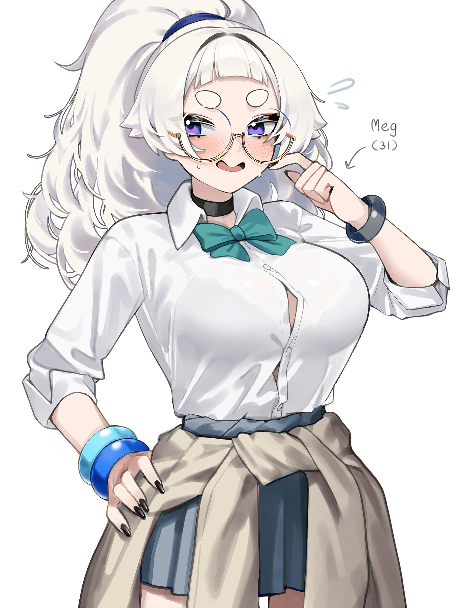 1girls, aqua bow, aqua bowtie, black choker, black nails, blunt bangs, blush, bow, bowtie, bra visible through clothes, bracelet, breasts, brown cardigan, button gap, cardigan, cardigan around waist, chair, choker, clothes around waist, collarbone, commentary, desk, female, fingernails, flying sweatdrops, glasses, grey skirt, hair ornament, hand on own hip, highres, jewelry, large breasts, long hair, long sleeves, looking to the side, meg (wakamepiza), miniskirt, multiple bracelets, nail polish, open mouth, original, pleated skirt, ponytail, round eyewear, shirt tucked in, short bangs, short eyebrows, simple background, skirt, sleeves rolled up, solo, sweat, sweater around waist, thick eyebrows, wakamepiza, white background, white hair, yellow-framed eyewear