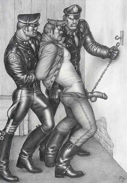 1970s 1976 20th_century 3boys 70s bdsm black_and_white bondage boots bound_penis chain cock_outline cock_ring erection erection_under_clothing forced gay gay_male grayscale greyscale leather leather_boots leather_gear leather_hat leather_jacket leather_pants male male_nipples male_only multiple_boys muscular nipple_outline pants_down part_of_a_series pecs penis pubic_hair pulling_down_pants restrained restraints straight_hair thumb_in_waistband tom_of_finland traditional_media_(artwork) yaoi