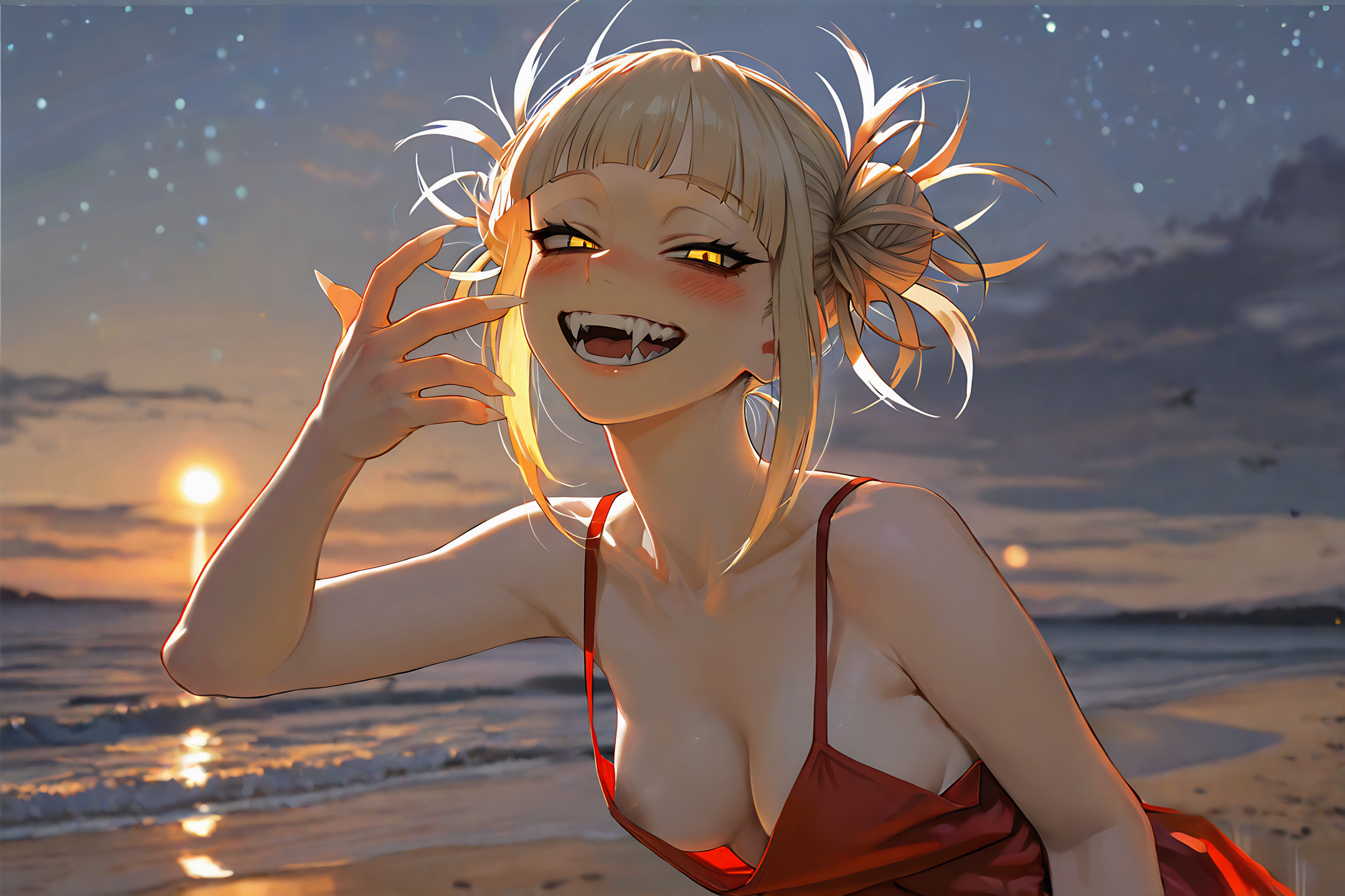 1girls, ai generated, areola slip, bakedcookie, beach, blonde hair, blonde-haired female, crazy eyes, dark areola, dress, dress slip, fangs, female, highres, himiko toga, large areolae, my hero academia, red dress, sharp fingernails, sharp nails, smiling, sundress, wicked smile