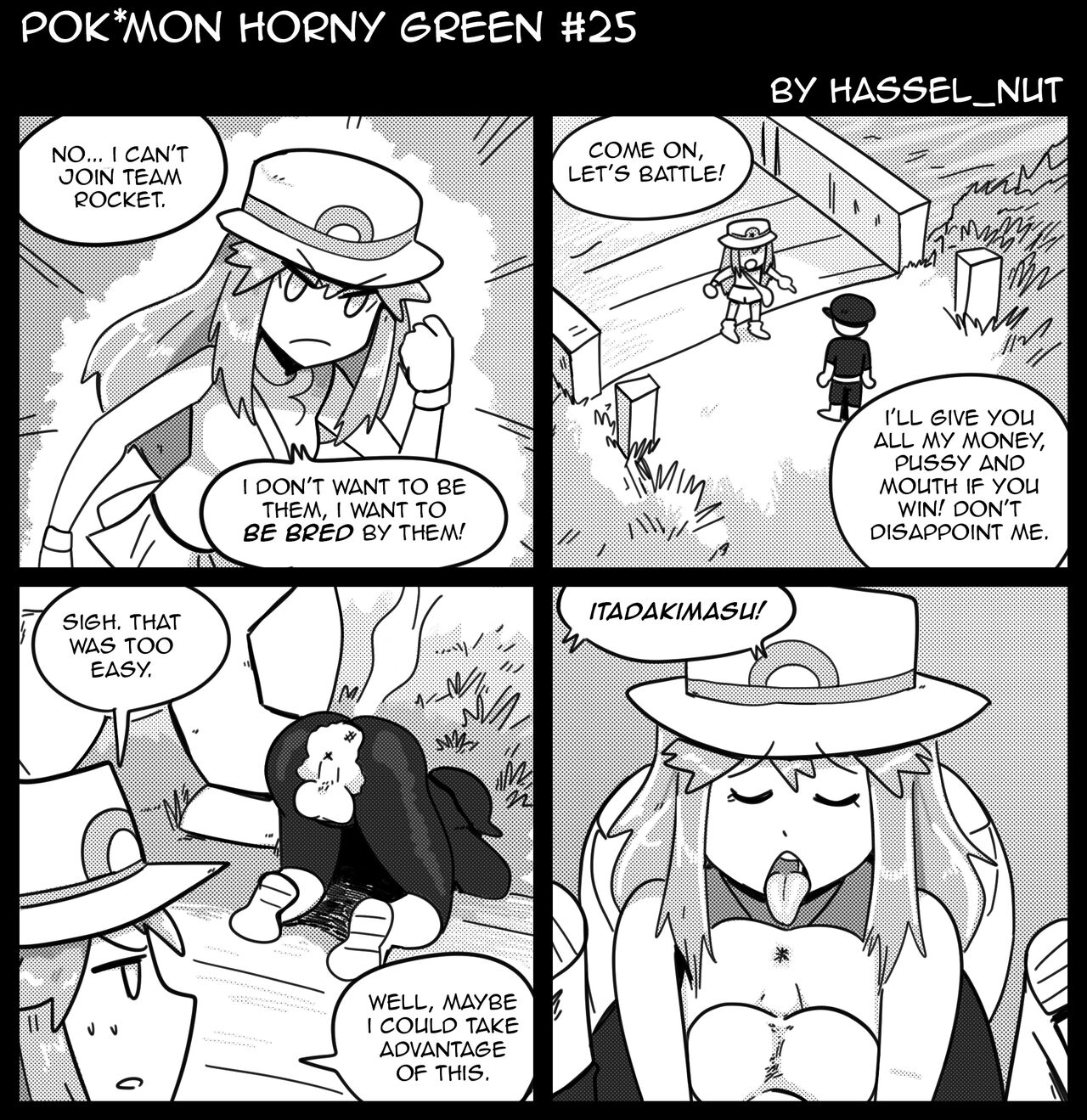 1girls, comic, defeated, defeated male, english text, female, hat, imminent rimming, leaf (pokemon), male, monochrome, pokemon, pokemon frlg, pokemon horny green, rimming, speech bubble, team rocket, team rocket grunt, team rocket grunt (male), text, tongue, tongue out, wolfgang bang