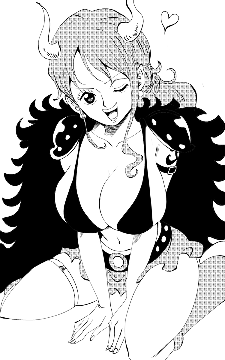 1girls, artist name, beast pirates (cosplay), big breasts, black and white, blinking, breasts, cleavage, elbaf, female, female only, huge breasts, long hair, looking at viewer, manga style, monochrome, nami (one piece), on knees, one piece, seductive, sexy, short hair, white background, yoonsmr