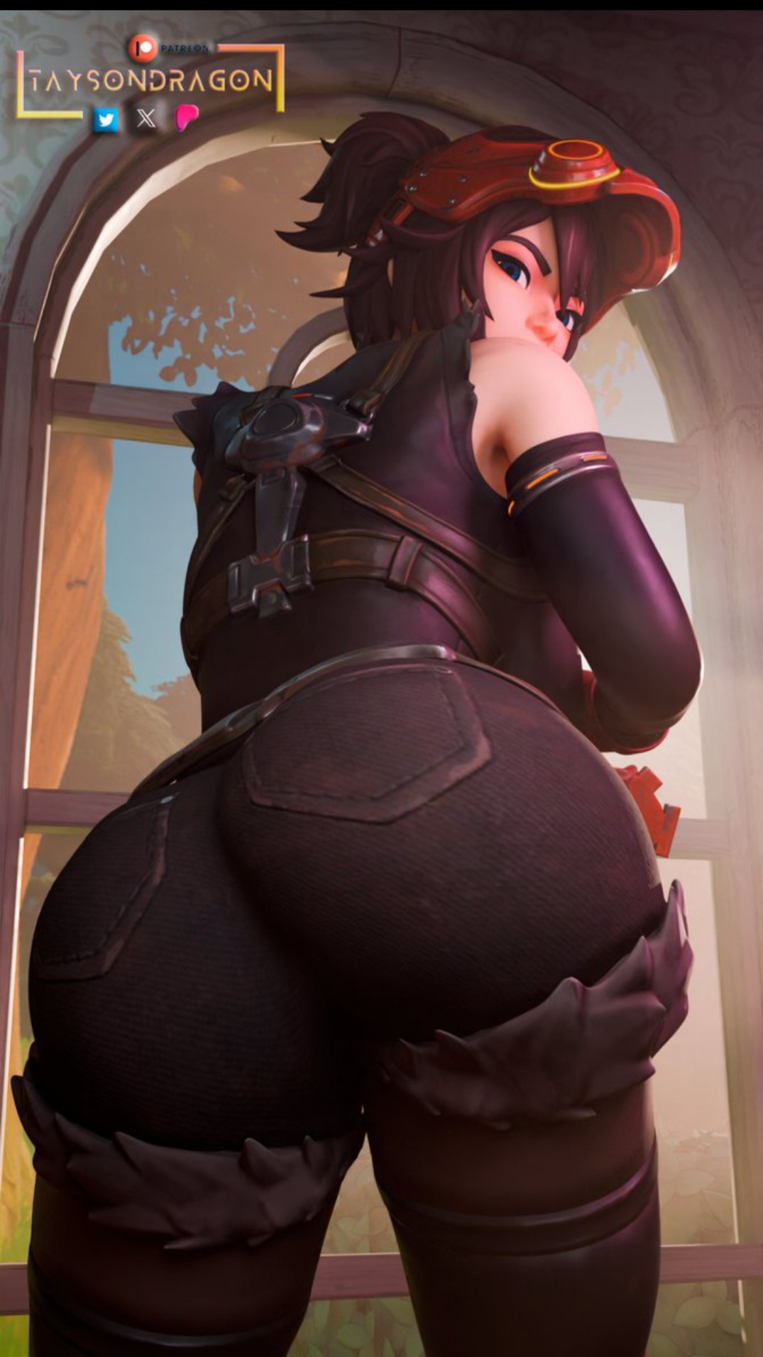 ass, ass focus, big ass, blue-eyed female, brown hair, female, fortnite, fortnite: battle royale, light skin, light-skinned female, mechanical, ponytail, taysondragon, the machinist (fortnite)