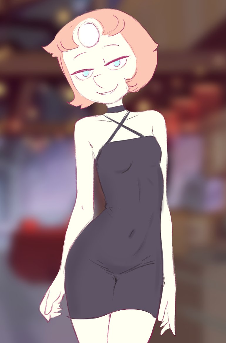 1girls, bare shoulders, black dress, blonde hair, blue eyes, breasts, clothing, cubedcoconut, dress, female, female only, forehead jewel, hair, half-closed eyes, hips, pearl (steven universe), pointy nose, short dress, short hair, small breasts, smile, solo, solo female, steven universe, thighs