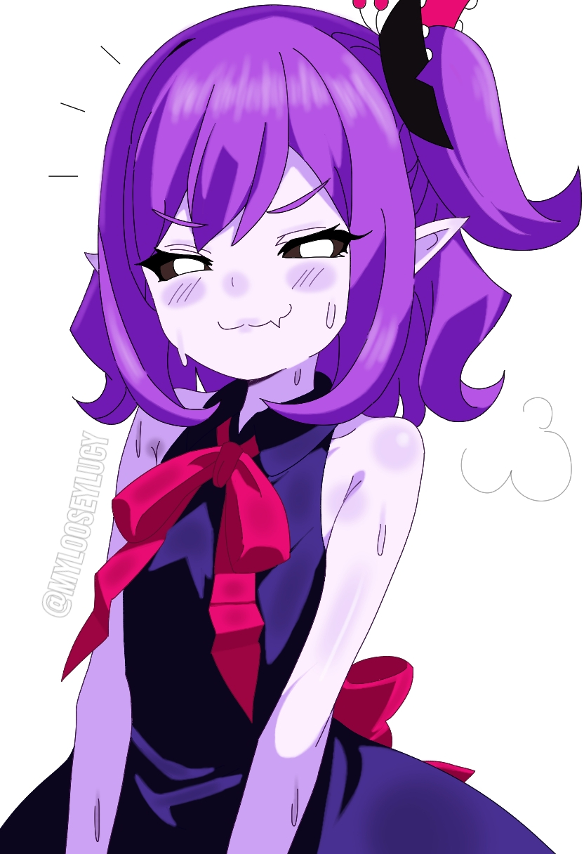 :3, aged up, badmella, black sclera, blush, bow, breasts, clothed, clothing, colored skin, dress, female, flat chest, flat chested, musume, mylooseylucy, narrow waist, petite, pointy ears, purple hair, small breasts, small waist, smug, solo, solo female, steam, steamy, sweat, sweatdrop, sweating, sweaty, tiny waist, upper body, upper body focus, white background