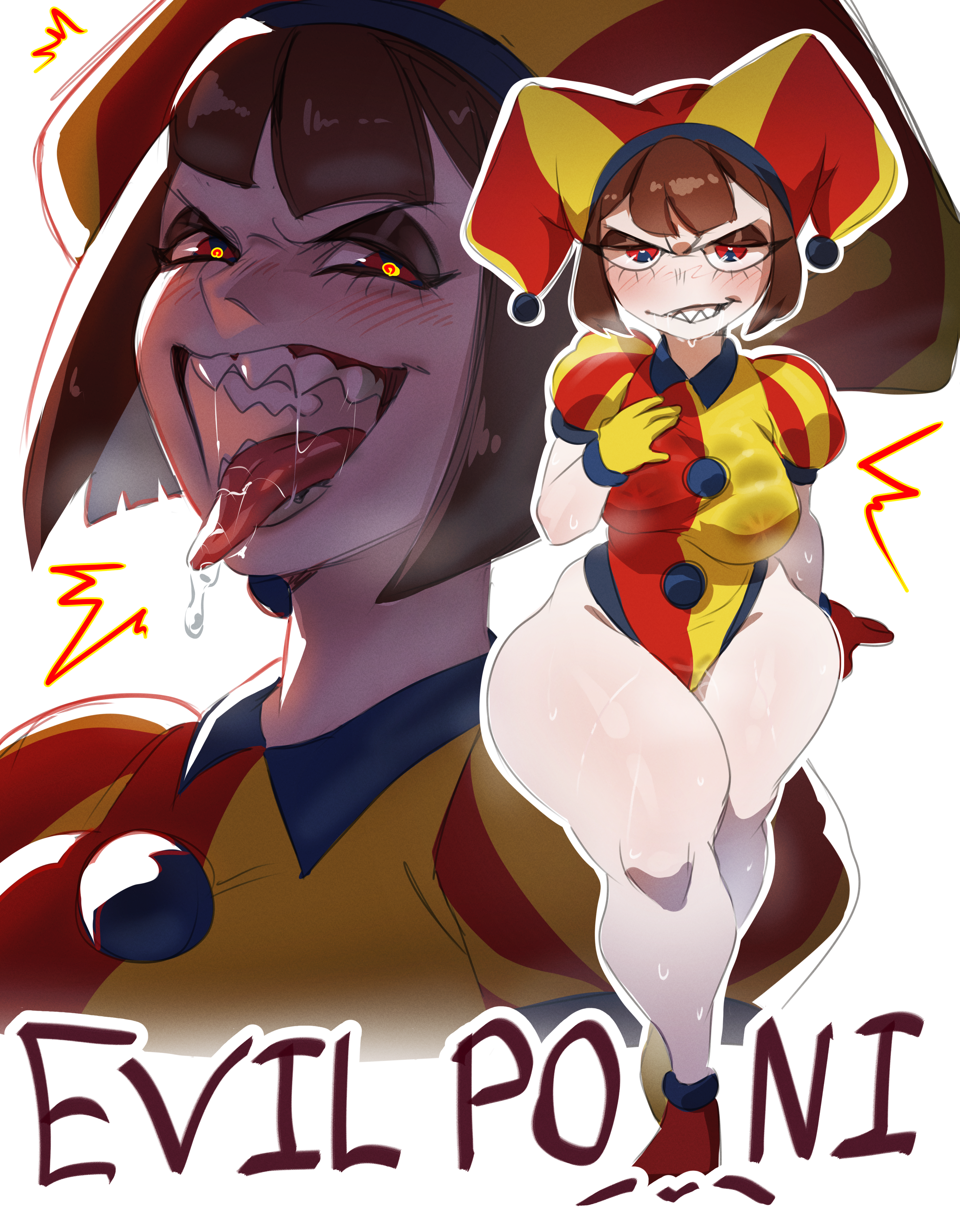 brown hair, clown, dominant, drool, drool string, drooling, drooling tongue, evil pomni (the amazing digital circus), fanart, female, fluids, geramime, glitch productions, gloves, glowing eyes, jester, mawshot, mouth open, mouth shot, open mouth, red and yellow clothing, sharp teeth, solo, sweat, sweatdrop, sweating, sweaty, the amazing digital circus, tongue, tongue out, white skin