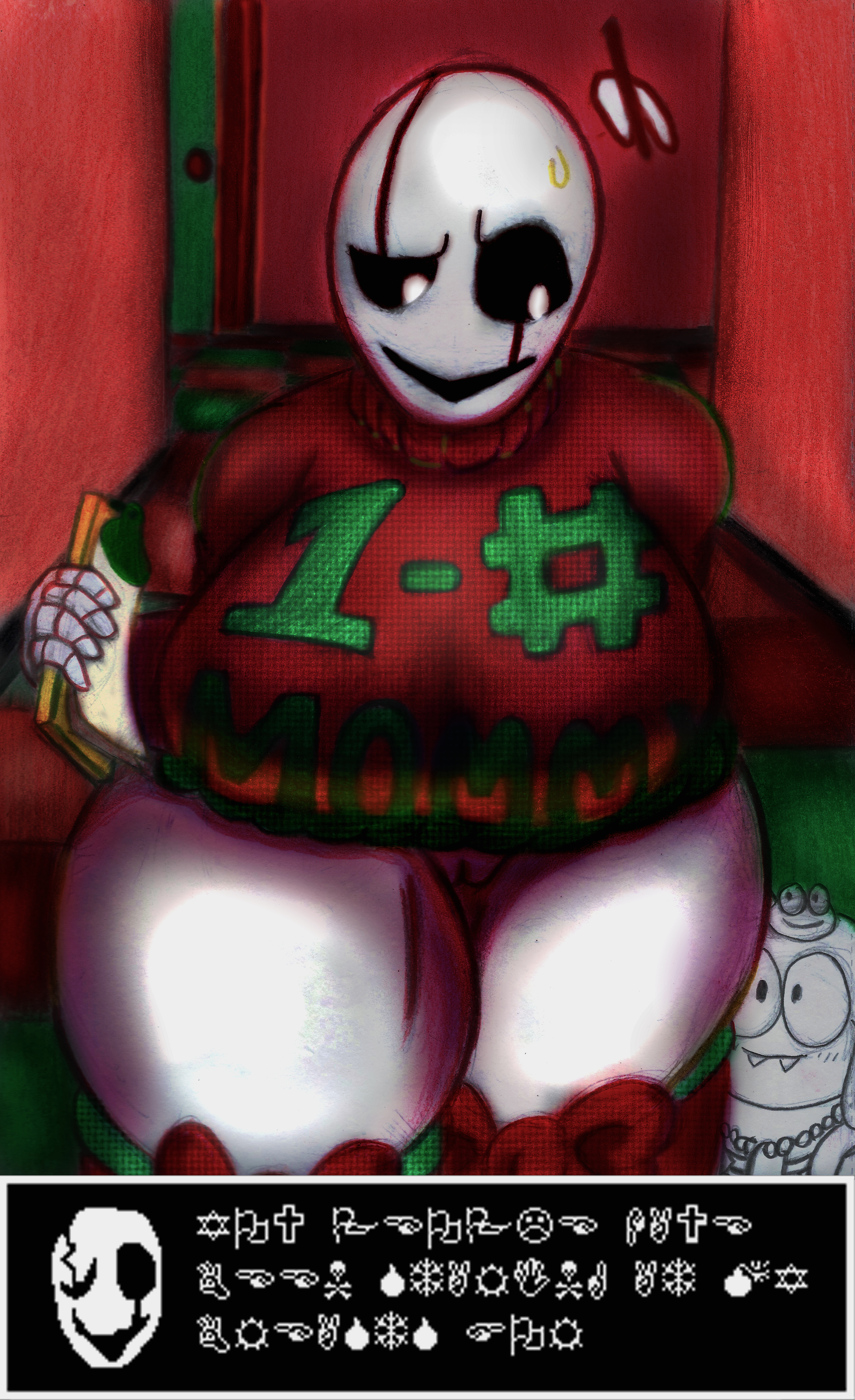 2d, 2d (artwork), big breasts, breasts, christmas clothing, christmas legwear, christmas outfit, christmas sweater, coldenbullets, dialog, dialogue, dialogue box, fem gaster, female, gaster, legwear, pussy, rule 63, speech, speech box, sweater, thick thighs, turtleneck, turtleneck sweater, undertale, undertale (series), wingdings, wingdings text