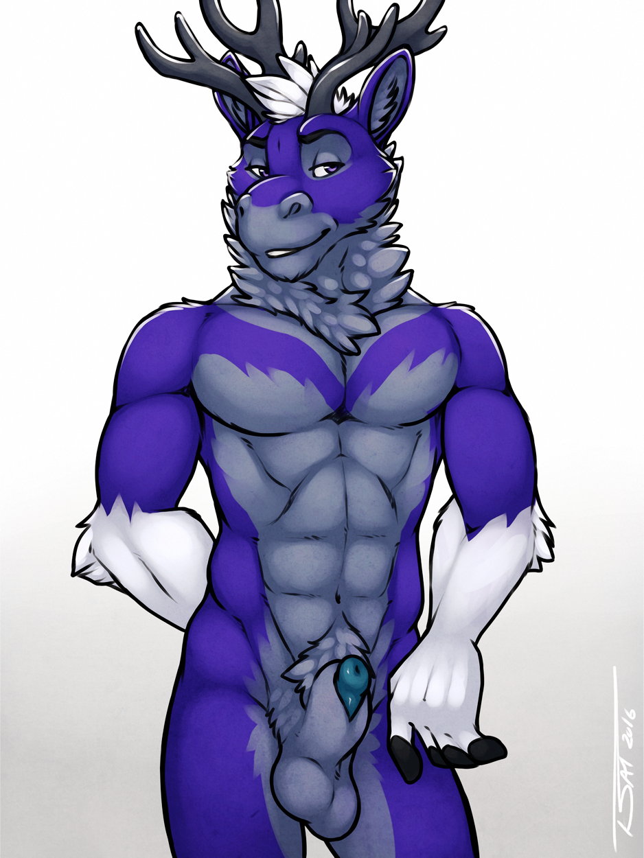 1boy 2016 abs animal_genitalia antlers balls cervine fur horn male male_only mammal muscular muscular_male pecs penis purple_eyes purple_fur sheath smile smirk solo teal_penis tsaiwolf