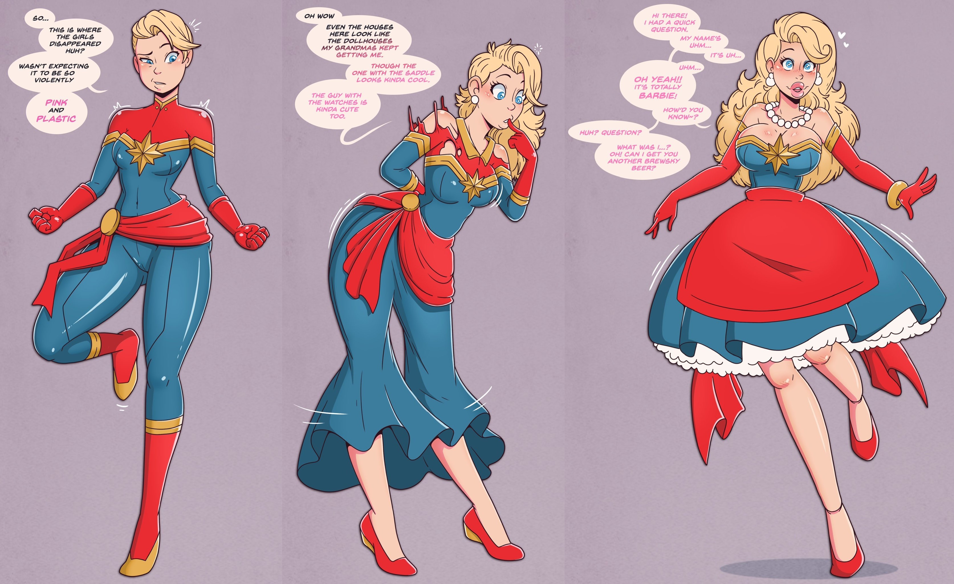 1girls, 2d, absurdres, apron, bangs, barbie (franchise), bare shoulders, big breasts, big lips, bimbo, bimbofication, blonde hair, blue eyes, blush, breast expansion, breast growth, breast growth (enlargement), breasts, captain marvel, carol danvers, cleavage, collarbone, color, corruption, crossover, curly hair, dress, earrings, english text, female, female only, femsub, full color, gloves, hair growth, happy trance, high heels, housewife, huge breasts, huge hips, large breasts, large hips, lipstick, long gloves, long hair, makeup, marvel, marvel comics, necklace, non-nude, opera gloves, ring, shoes, short hair, smile, solo, speech bubble, stepfordization, superheroine, transformation, transformation sequence, wide hips, wrenzephyr2