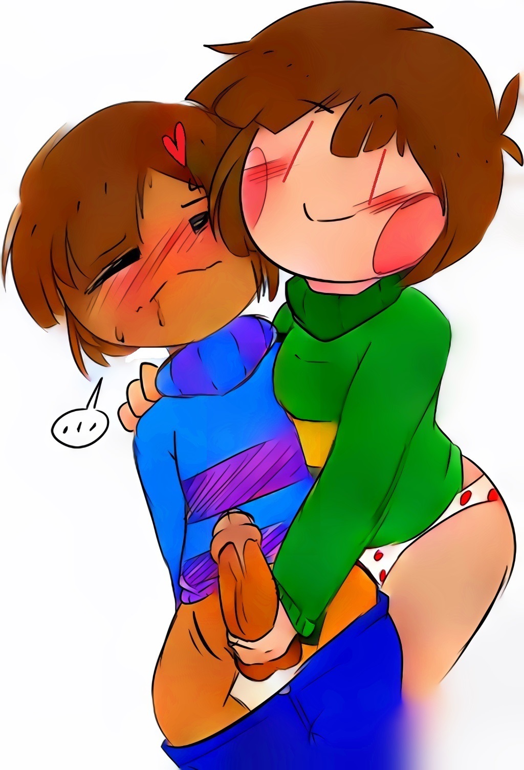 1boy, 1girls, blush, brown hair, chara, female, female chara, frisk, handjob, heart, male, male frisk, male/female, mawile123, meanttobe, penis, penis grab, pleasure face, polka dot panties, red eyes, straight, tagme, undertale, undertale (series)