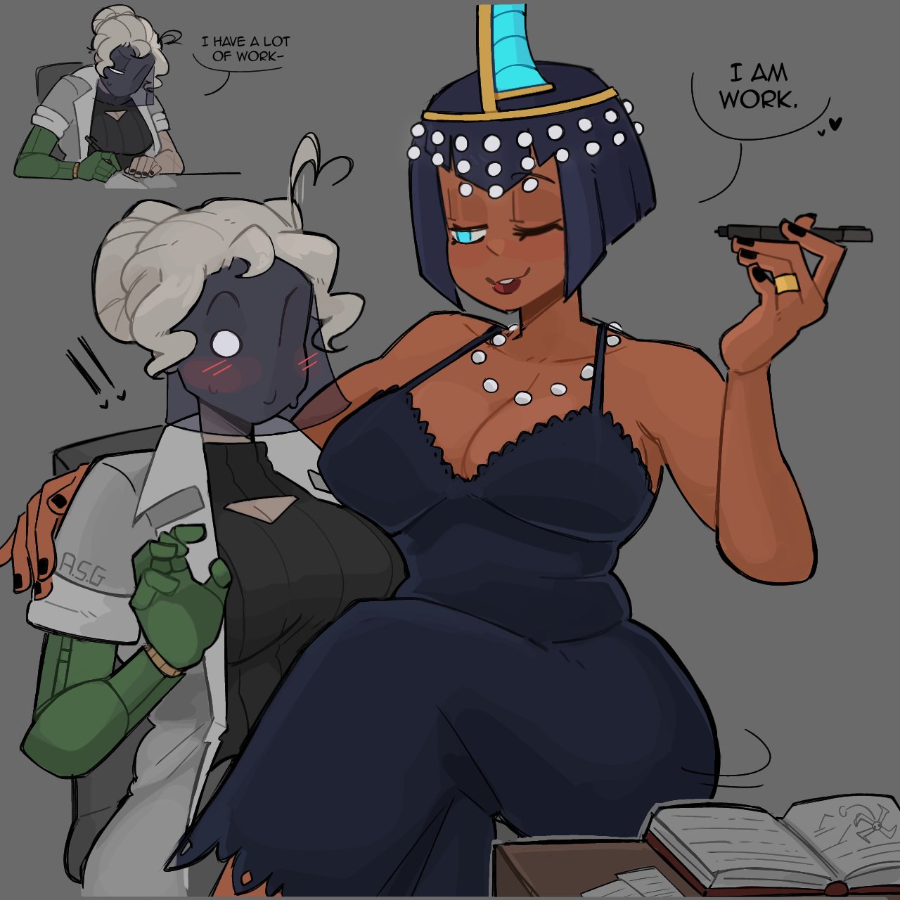 2d, 2d (artwork), 2girls, big breasts, black dahlia, black hair, blue eyes, breasts, egyptian female, eliza (skullgirls), female, grabbing shoulder, mature, mature female, mature woman, older female, sit on legs, skullgirls, tagme, text