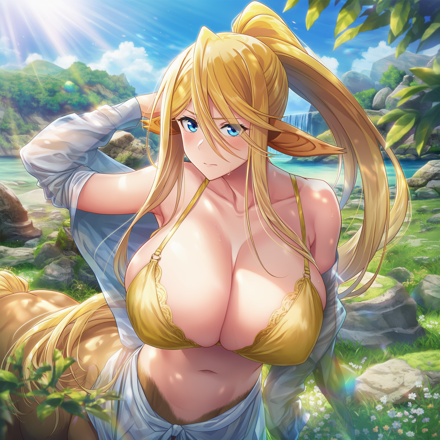 1girls, ai generated, aigbrea, blue eyes, blush, bottomless, bra, centaur, centorea shianus, female, ineffective clothing, lens flare, long hair, monster girl, monster musume no iru nichijou, ponytail, rock, sweat, taur, tree, water, yellow hair