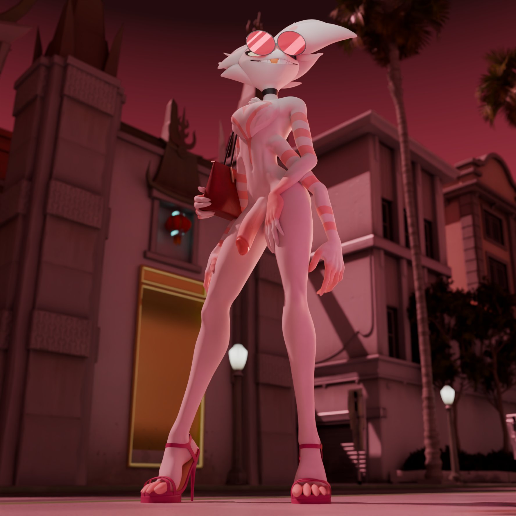3d, 3d (artwork), 4 arms, angel dust (hazbin hotel), casual nudity, cock, fishfunk, fur, gay, glasses, hazbin hotel, male, penis, public, spider, vivienne medrano, walking
