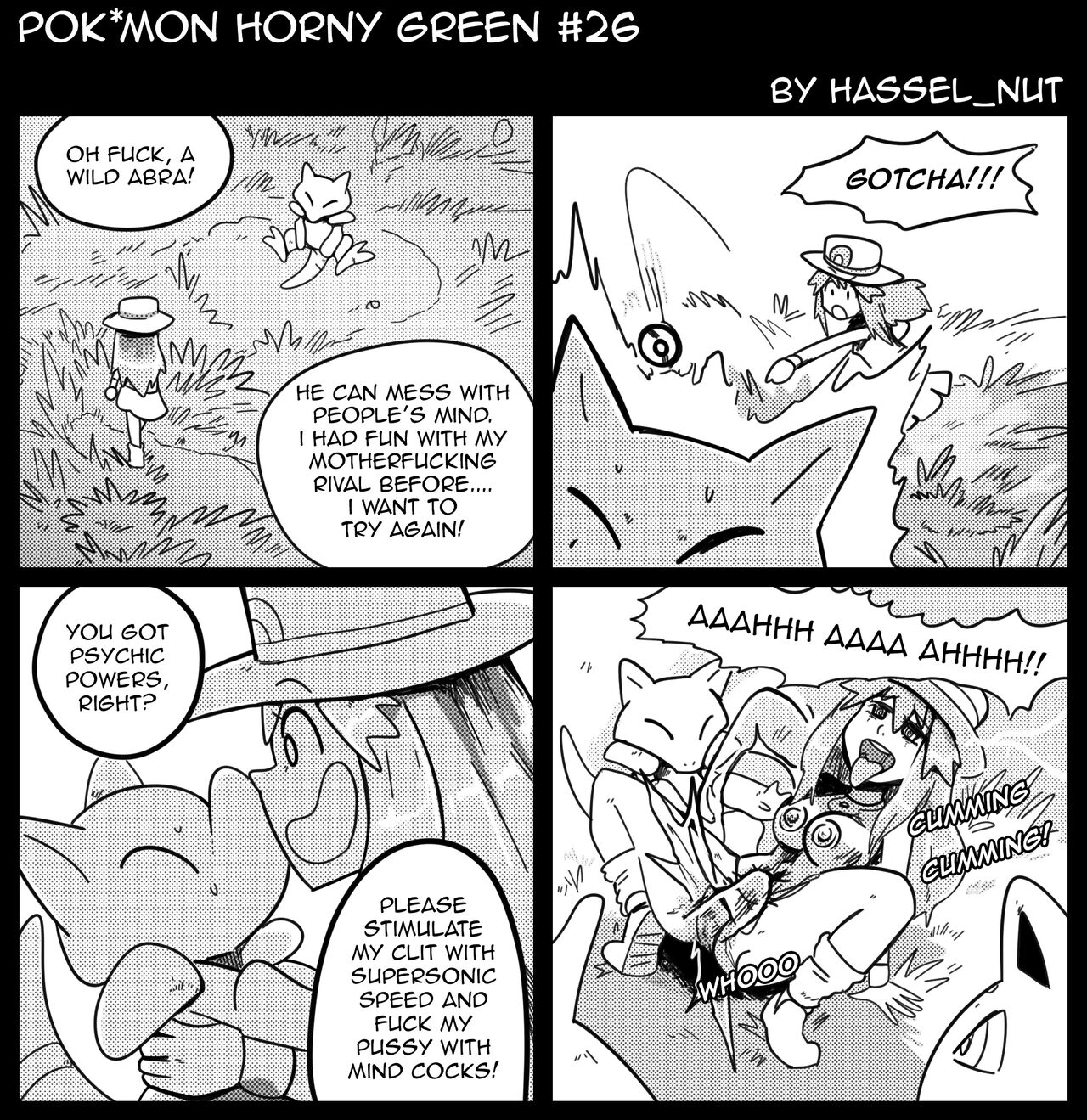 1girls, abra, captured, captured by pokeball, caught in pokeball, comic, english text, female, grass, hat, horny, ivysaur, leaf (pokemon), monochrome, nymphomania, pleasure face, pokémon (species), poke ball, pokeball, pokemon, pokemon (species), pokemon frlg, pokemon horny green, pokephilia, psychic powers, sex, speech bubble, text, throwing pokeball, wolfgang bang