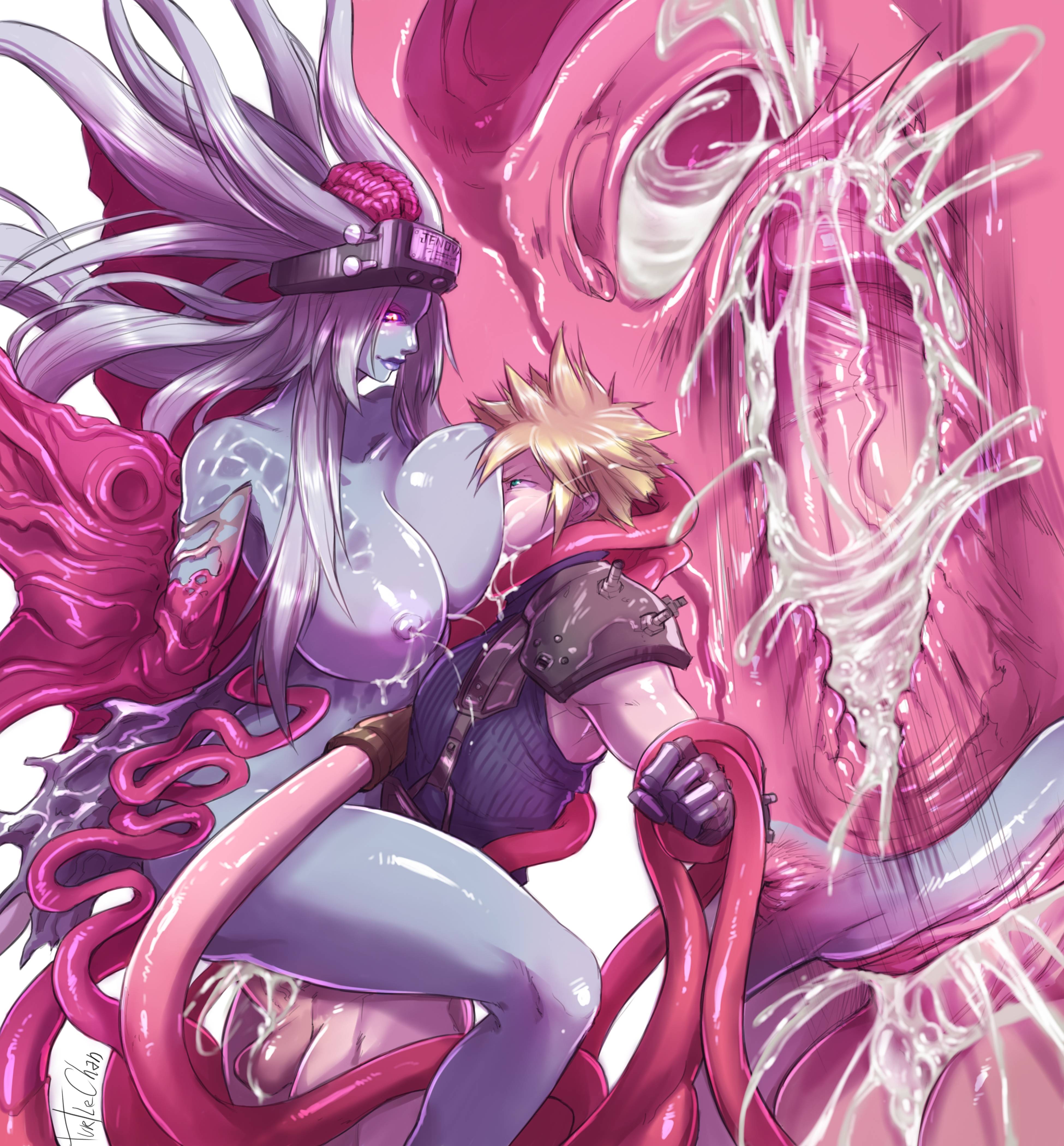 1boy, 1girls, alien, anthro, big breasts, blonde hair, breasts, cloud strife, cross section, cum, cum in pussy, cum in uterus, cum inside, female, final fantasy, final fantasy vii, human, human on anthro, human penetrating, human penetrating anthro, interspecies, jenova, lactation, light skin, light-skinned male, long hair, male, nipples, pale skin, pale-skinned male, penetration, penis, pussy, rape, restrained, spread legs, sucking nipples, tentacle, turtlechan, uterus, vaginal penetration, x-ray