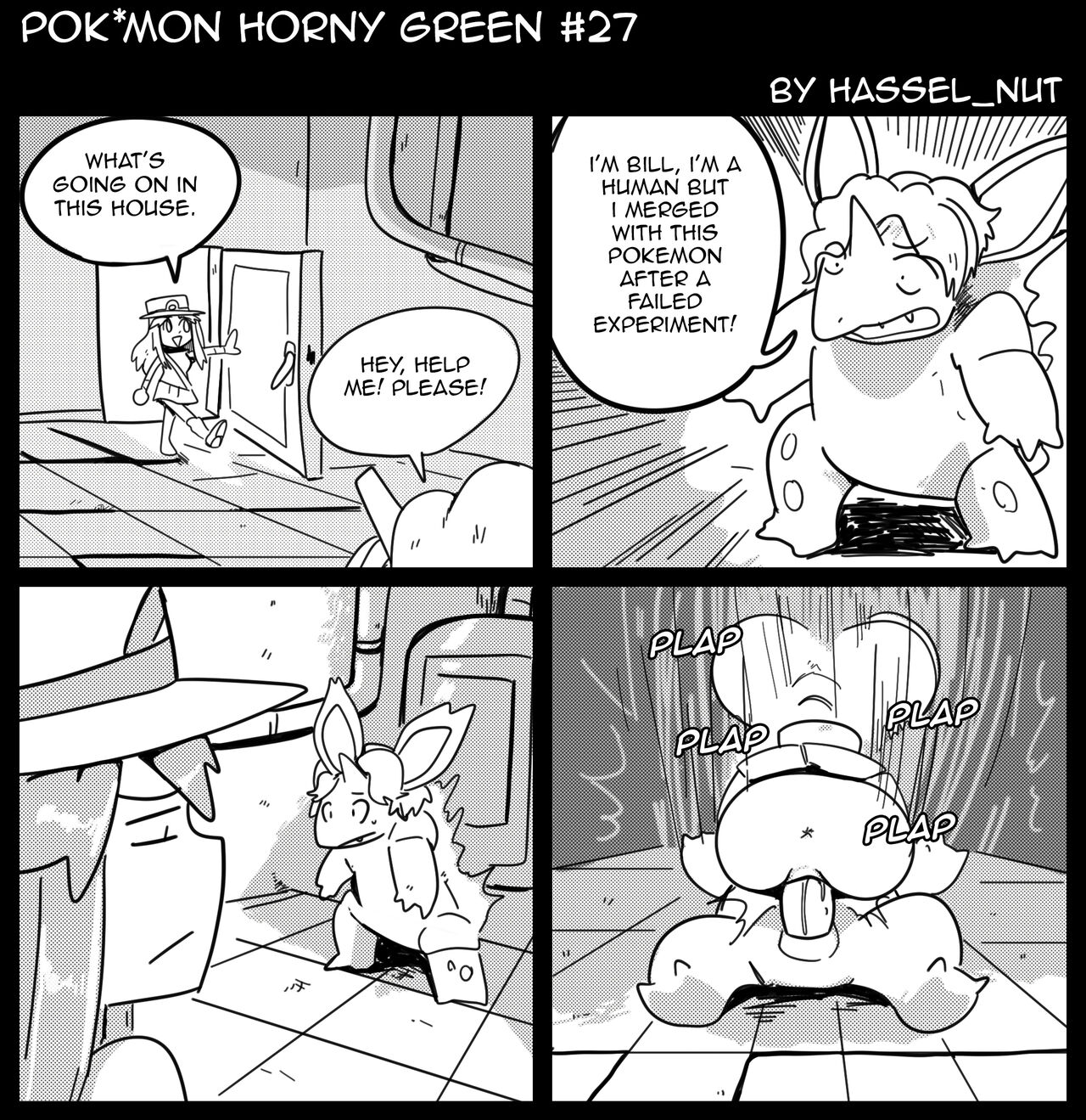 1boy, 1girls, bill (pokemon), comic, english text, experiment, failed experiment, female, fusion, hat, leaf (pokemon), male, monochrome, nidorino, pokémon (species), pokemon, pokemon (species), pokemon frlg, pokemon horny green, pokephilia, scene interpretation, sex, speech bubble, text, transformation, wolfgang bang