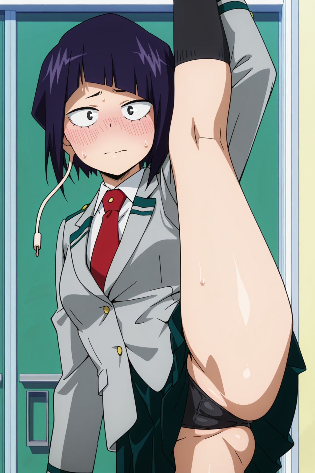 ai generated, ass, black eyes, black thong, blush, cameltoe, closed mouth, dark hair, female, hi res, high quality, high resolution, highres, jiro kyoka, jirou kyouka, kneepits, kyoka jiro, leg up, light, light blush, lips, looking at viewer, my hero academia, nervous, panties, pussy, short hair, simple background, skirt, solo, standing, stretching, tagme, thick thighs, u.a. school uniform