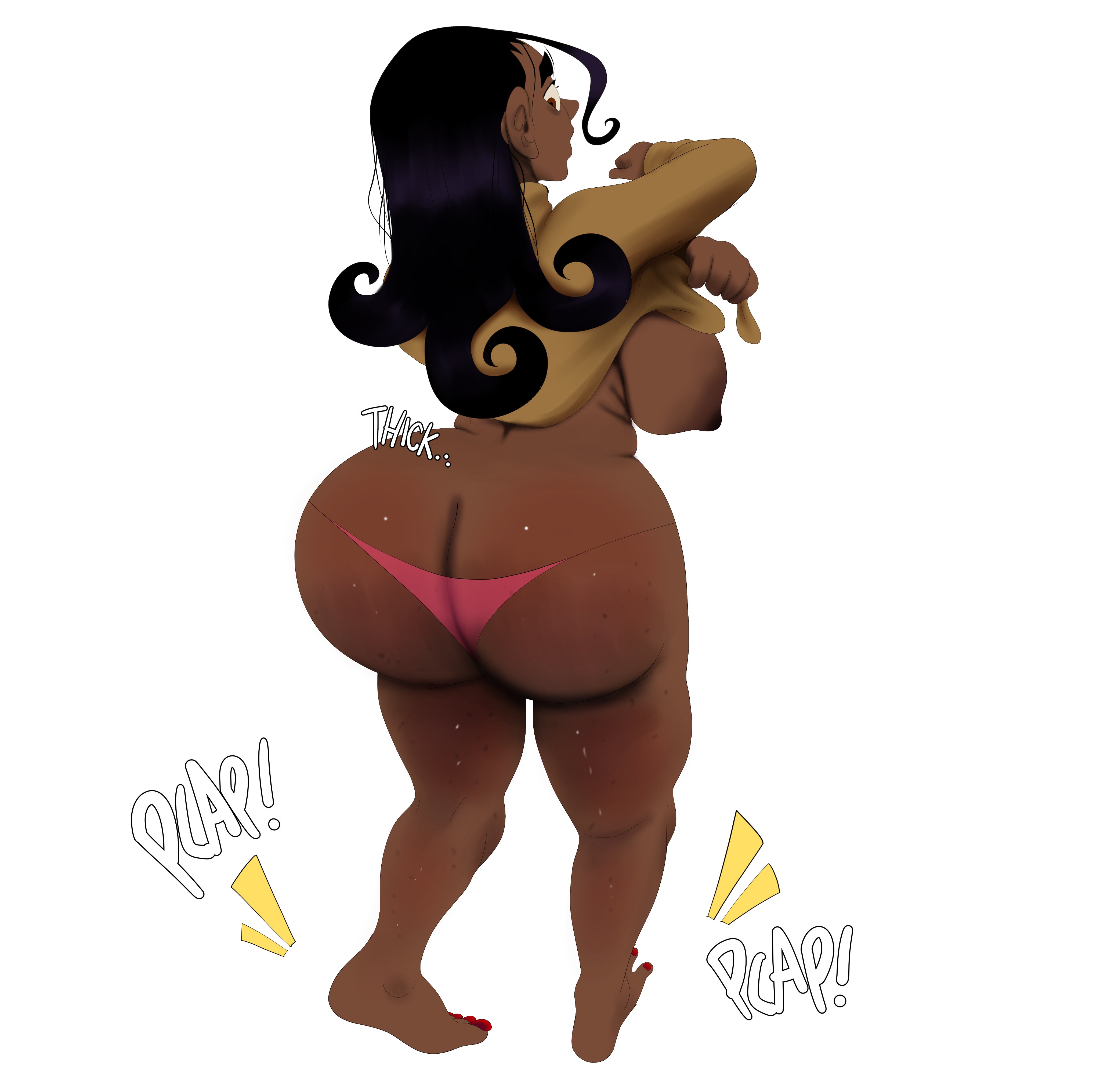 1girls, ass, barrybbeesly, big ass, big breasts, black hair, breasts, breasts exposed, breasts out, curls, dark hair, dark nipples, dark skin, dark-skinned female, exposed breasts, fat ass, feet, female, long hair, looking back, nadaleea (barrybbeesly), nipples, painted nails, painted toenails, plap, sweater, sweater lift, thick, thick ass, thick thighs, thong, toenail polish, toenails, toenails polish, top lift
