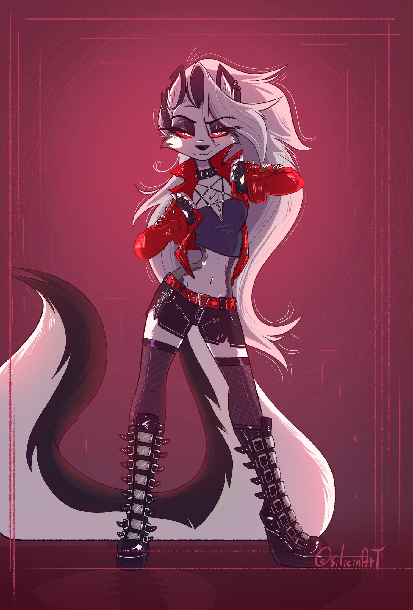 1girls, anthro, black fur, boots, demon, female, female only, fishnets, grey fur, helluva boss, jacket, looking at viewer, loona (helluva boss), red eyes, seductive, smirk, solo, spindlehorse toons, tail, vivienne medrano, vivziepop, wedge heels, wolf