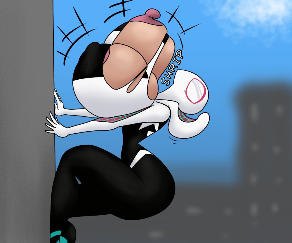 breast expansion, breast growth, breast growth (enlargement), breasts, breasts bigger than head, bursting breasts, city, cityscape, confade, female, gigantic breasts, gwen stacy, huge breasts, huge nipples, large areolae, marvel, marvel comics, spider-gwen, thick thighs, tight clothing
