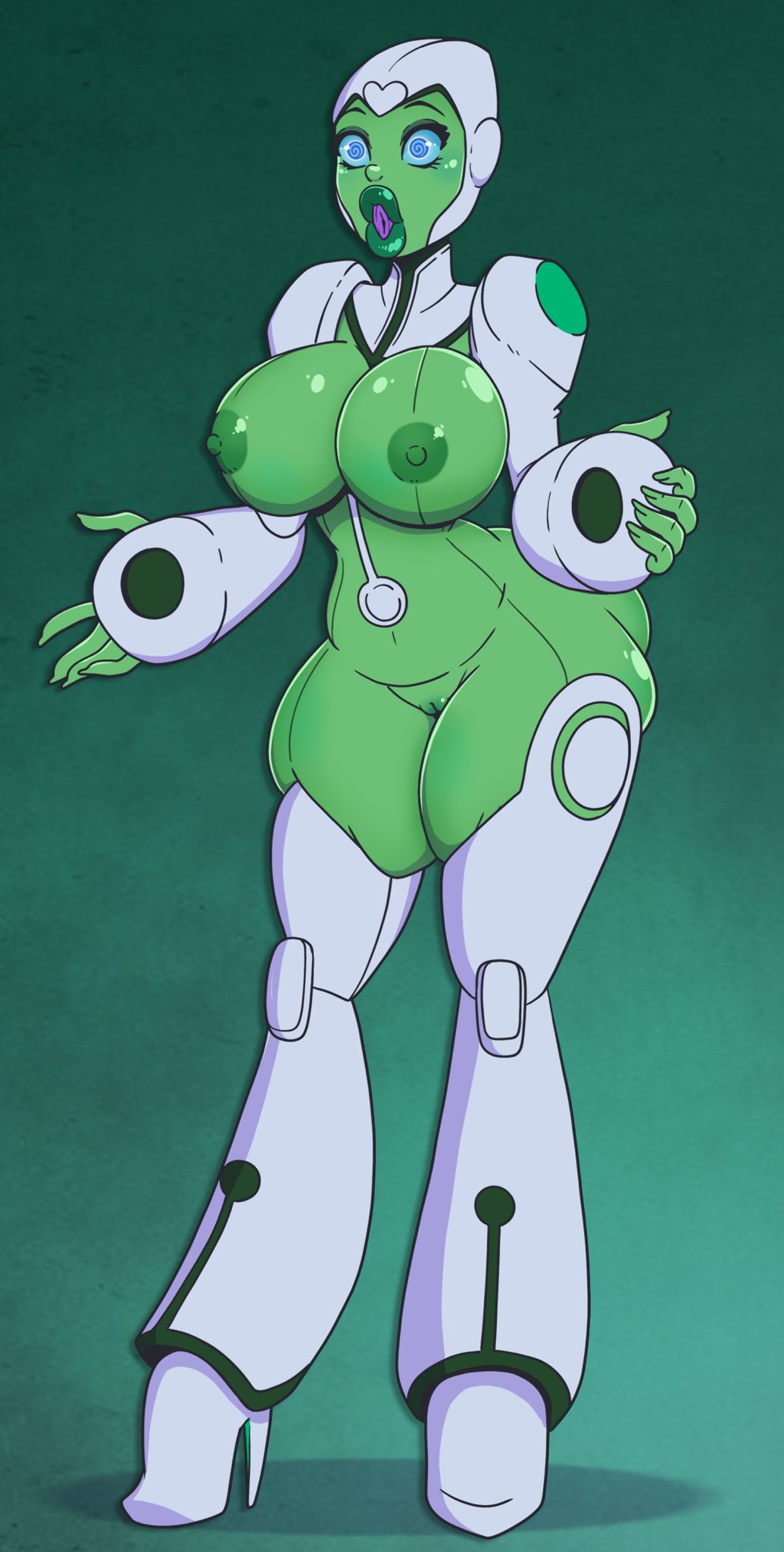 1girls, alternate version available, ass, aya (green lantern), big lips, bimbo, bimbo body, bimbo lips, bimbofication, blue eyes, blue sclera, breasts, clothed exposure, corruption, dc, dc comics, dialogue, female, female only, femsub, fleshlight mouth, green lantern, green lantern (series), green lantern corps, green lantern: the animated series, green lipstick, green skin, hacking, high heels, huge ass, huge breasts, nipples, nude, open mouth, puckered lips, pussy, robot, robot girl, slutification, solo, spiral eyes, standing, symbol in eyes, tech control, text, thick thighs, transformation, virus, wide hips, wrenzephyr2