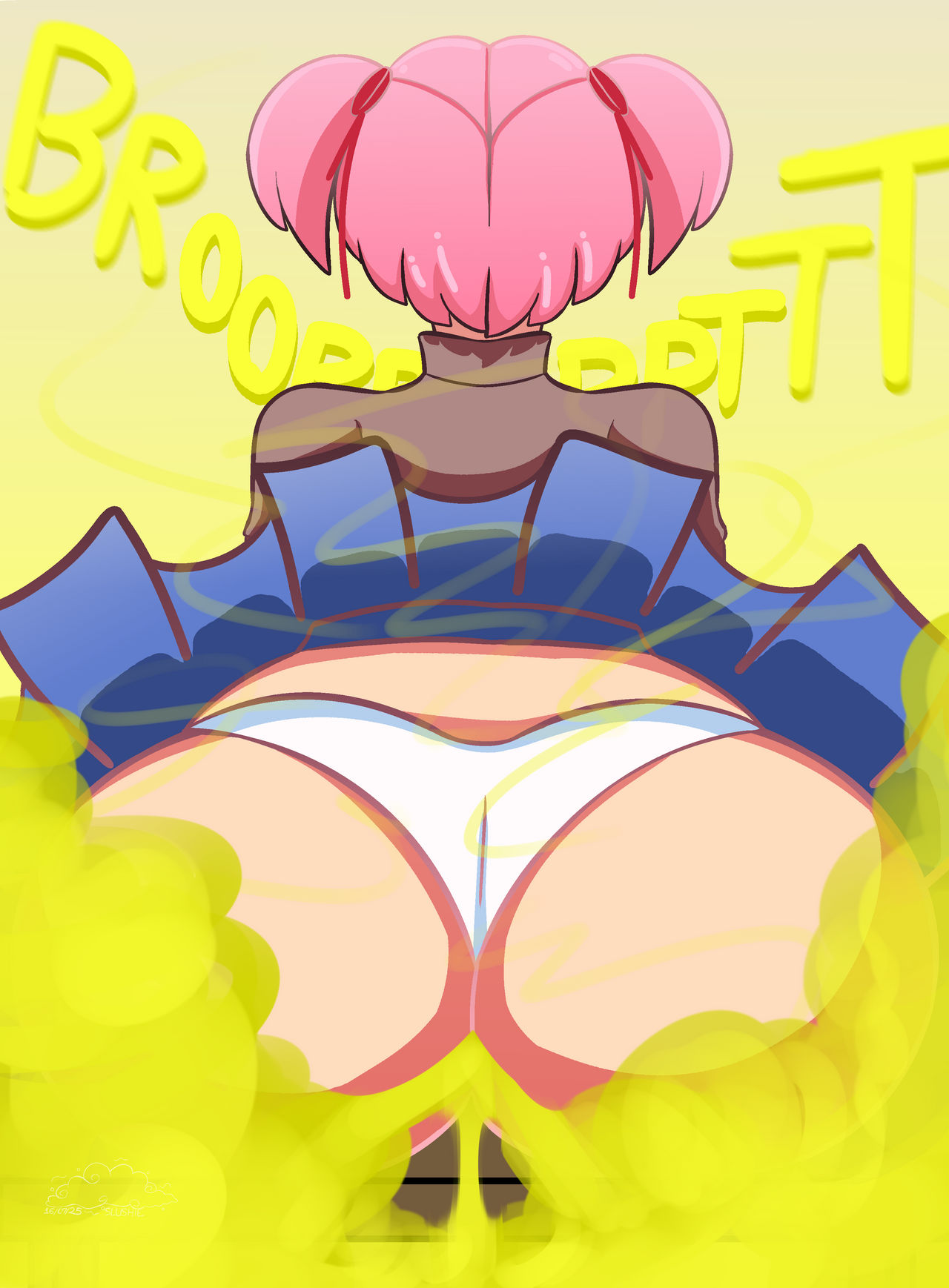 ass, ass focus, back view, big ass, doki doki literature club, fart, fart cloud, fart fetish, farting, fat ass, female, female focus, female only, natsuki (doki doki literature club), pink hair, upskirt