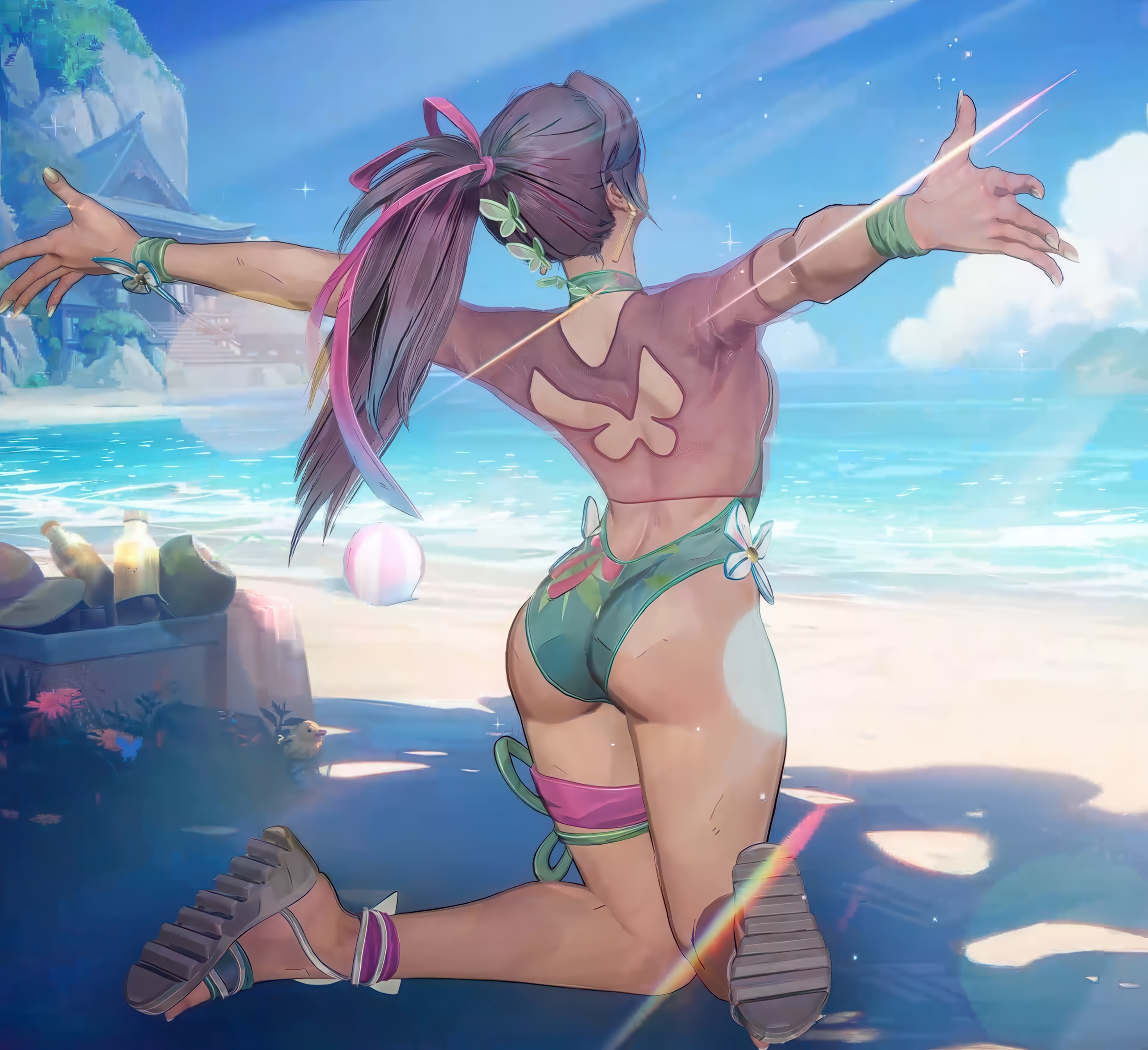 1girls, 3d, ass, ass focus, beach, big ass, female, female only, marvel, marvel rivals, official art, psylocke, psylocke (marvel rivals), psylocke (sai) (breezy butterfly), screencap, solo, solo female, thick thighs, x-men