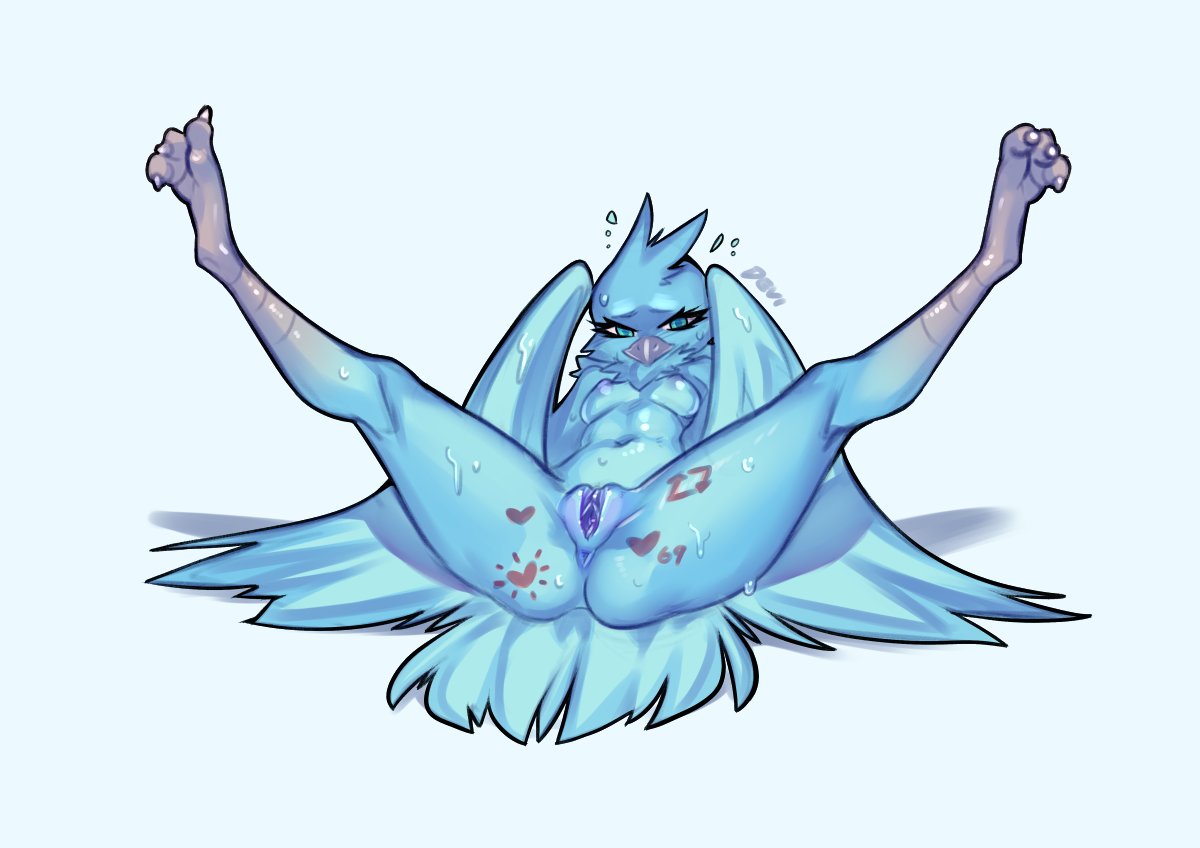 2019 anisodactyl anthro anus ass avian beak bird blue_eyes blue_feathers blue_hair body_writing breasts feathered_wings feathers female hair looking_at_viewer lying navel non-mammal_breasts nude on_back presenting presenting_pussy pussy signature simple_background small_breasts solo spread_legs spreading sweat thick_thighs truedevirish tweetfur twitter wings